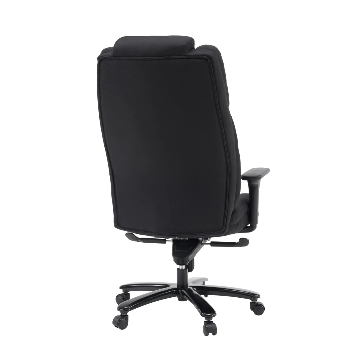 Rückansicht des schwarzen Drehstuhls XXL Pullmann Gen2 mit Stoffbezug und fünf Rollen von hjh OFFICE