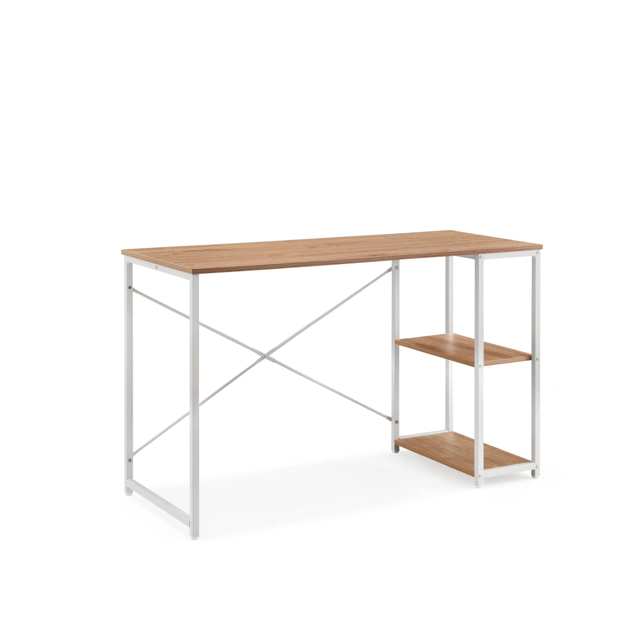Schreibtisch Easy Up2 in Weiß und Eiche mit integriertem Regal und X-Strebe von hjh LIVING – 360-Grad-Ansicht (schräge Frontansicht 30°)