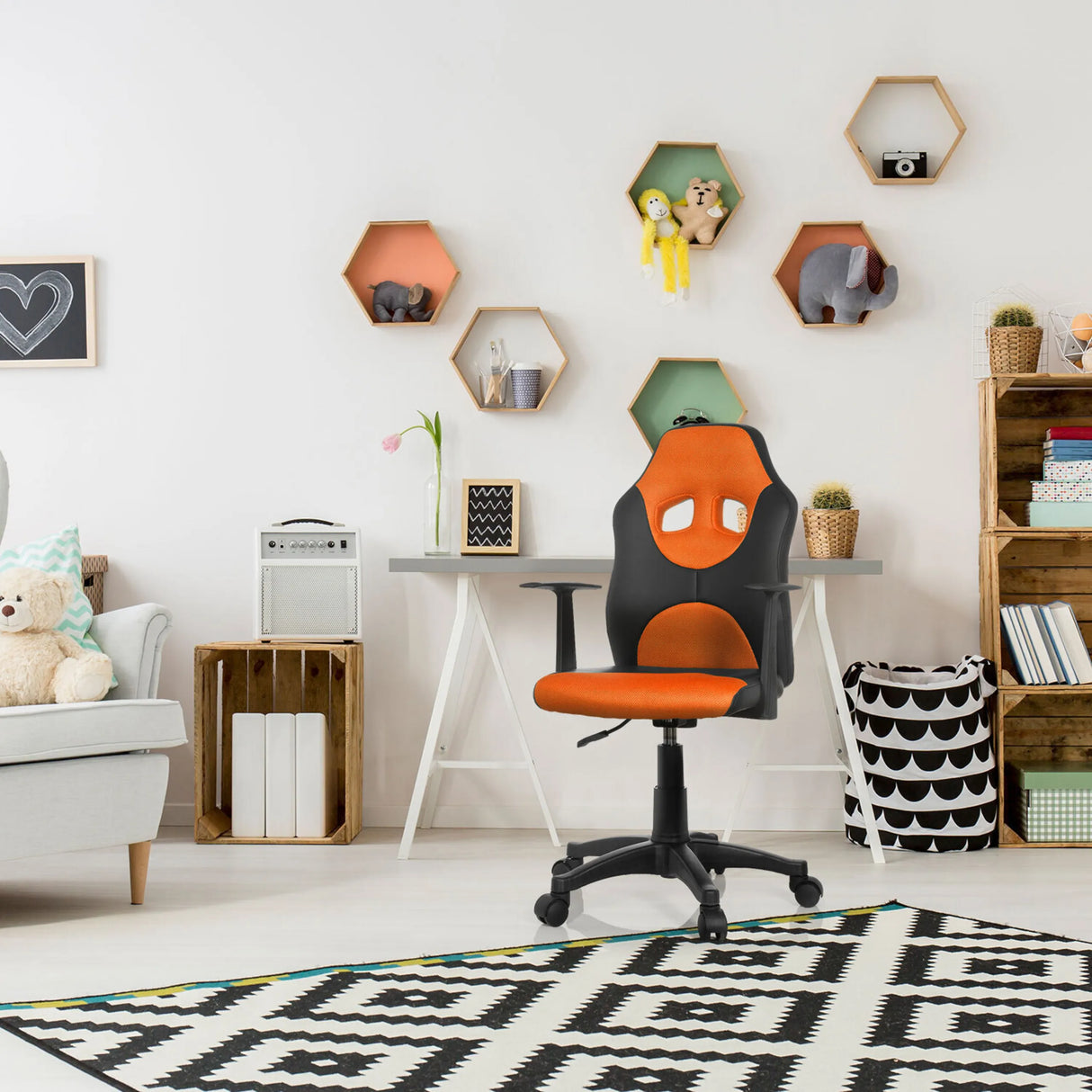 Kinderdrehstuhl KID GAME AL in Schwarz und Orange mit Rollen und Armlehnen von hjh OFFICE