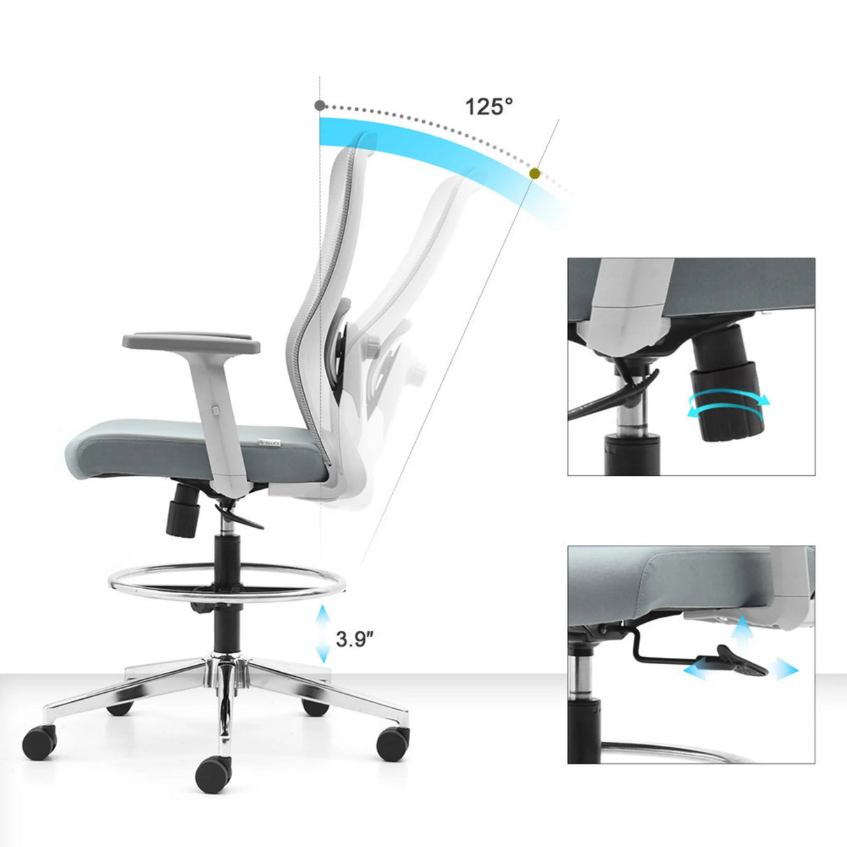 Verstellmechanismen des Counterstuhls Top Work 44 W mit 125° Rückenlehnenneigung und 3.9" Höhenverstellung von hjh OFFICE