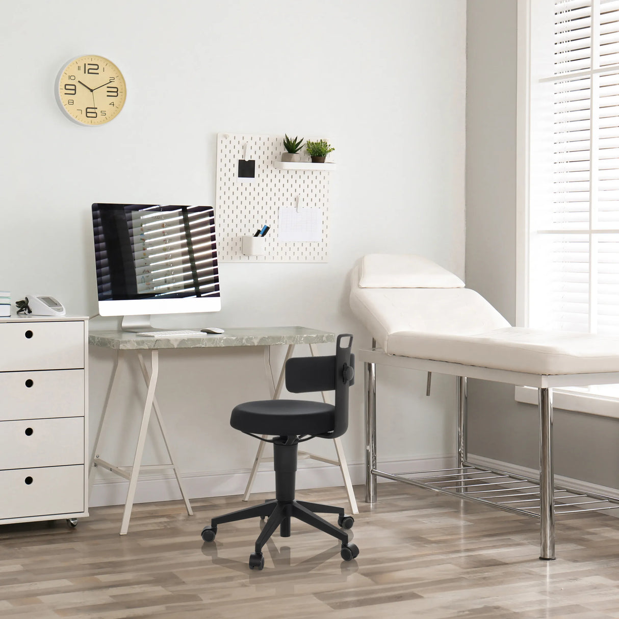 Schwarzer Drehhocker TOP WORK FLEX mit Stoffbezug, Rückenlehne und Rollen von hjh OFFICE