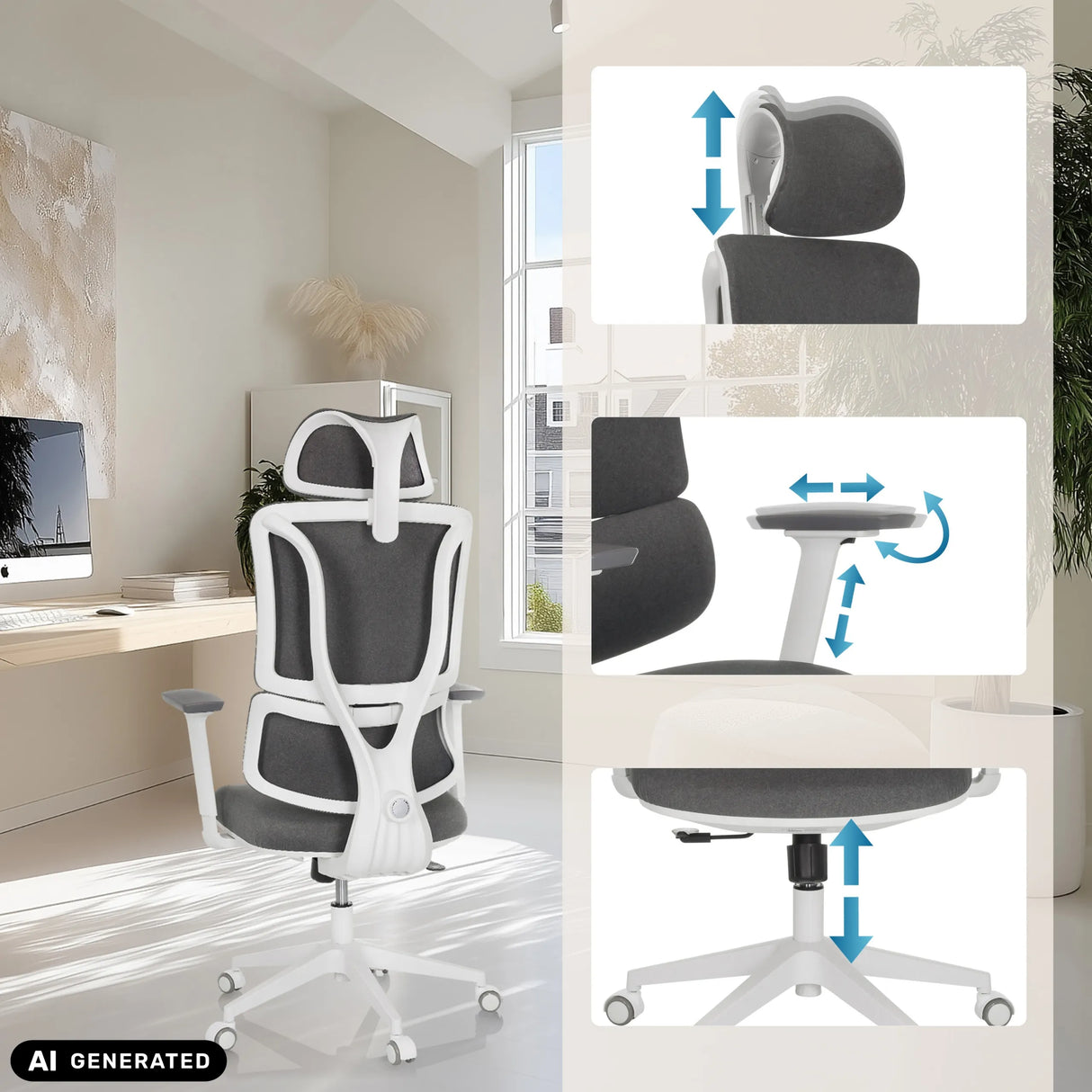 Verstellbare Kopfstütze, Armlehnen und Sitzhöhe des Homeoffice-Bürostuhls ERGOMY WF von MyBuero (KI-generiertes Bild)