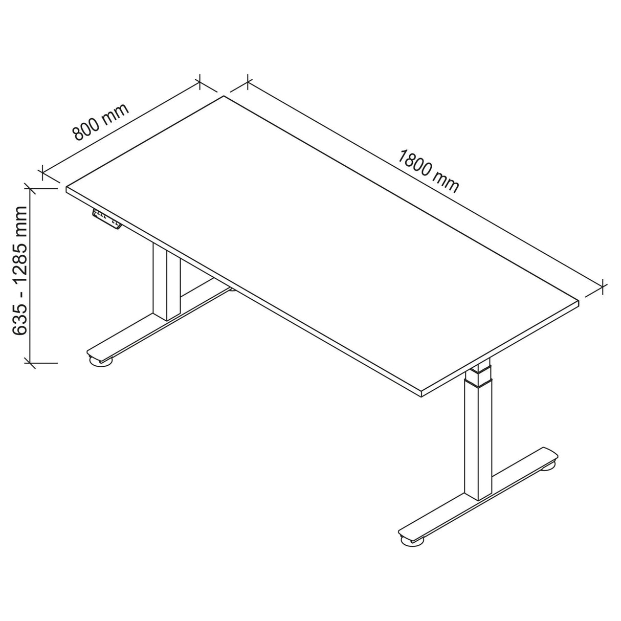Technische Zeichnung des Schreibtischs XDSM 19 G mit 180 × 80 cm von hjh OFFICE PRO