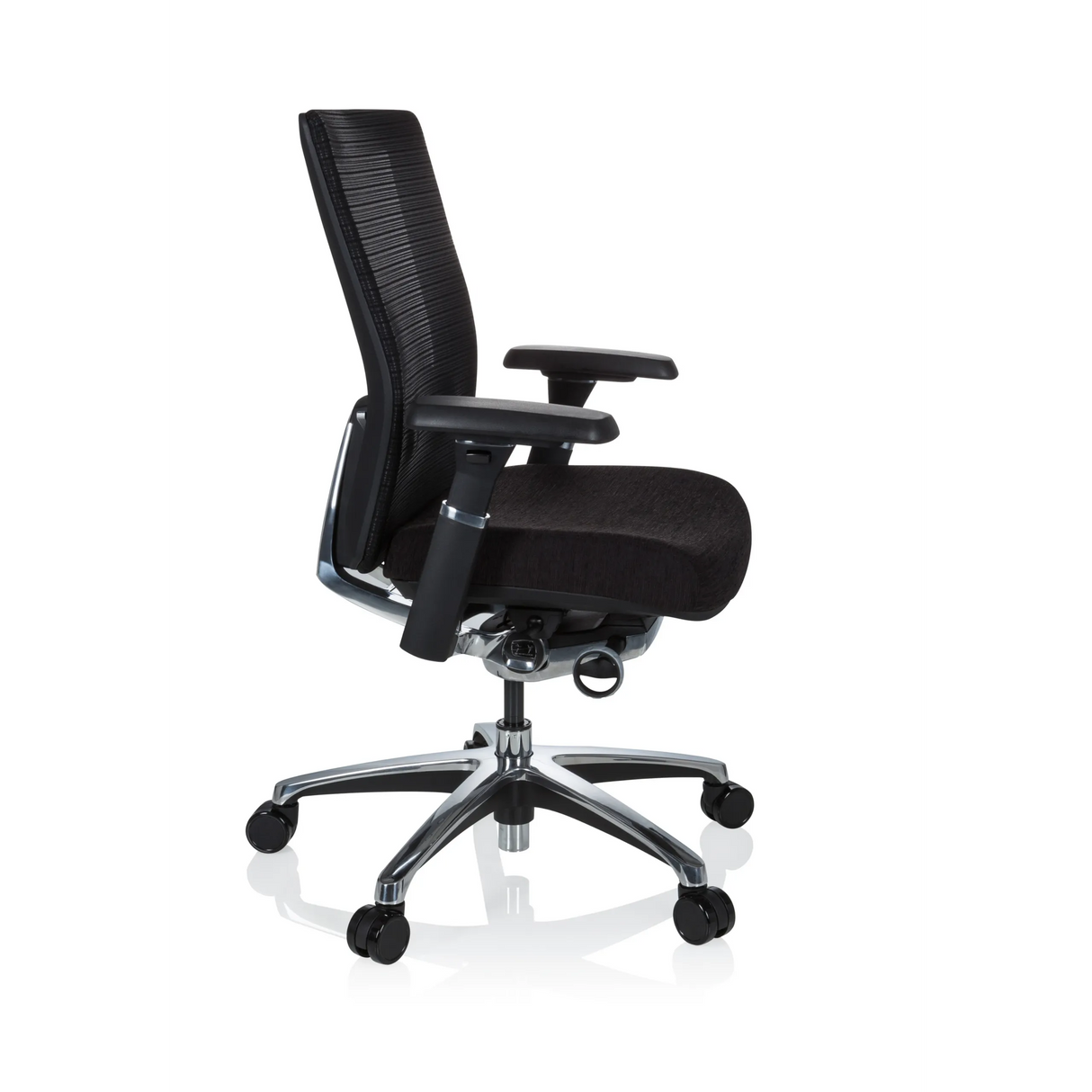 Schwarzer High-End-Bürostuhl NOVA PRO ALU mit Netzrücken und Fußkreuz mit fünf Rollen von hjh OFFICE – 360-Grad-Ansicht (Seitenprofil 80°)