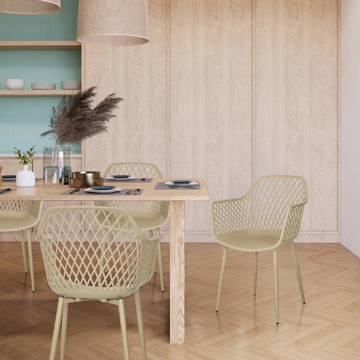 Beige Outdoor-Stuhl BEGIO L mit netzartiger Rückenlehne und Armlehnen von hjh LIVING