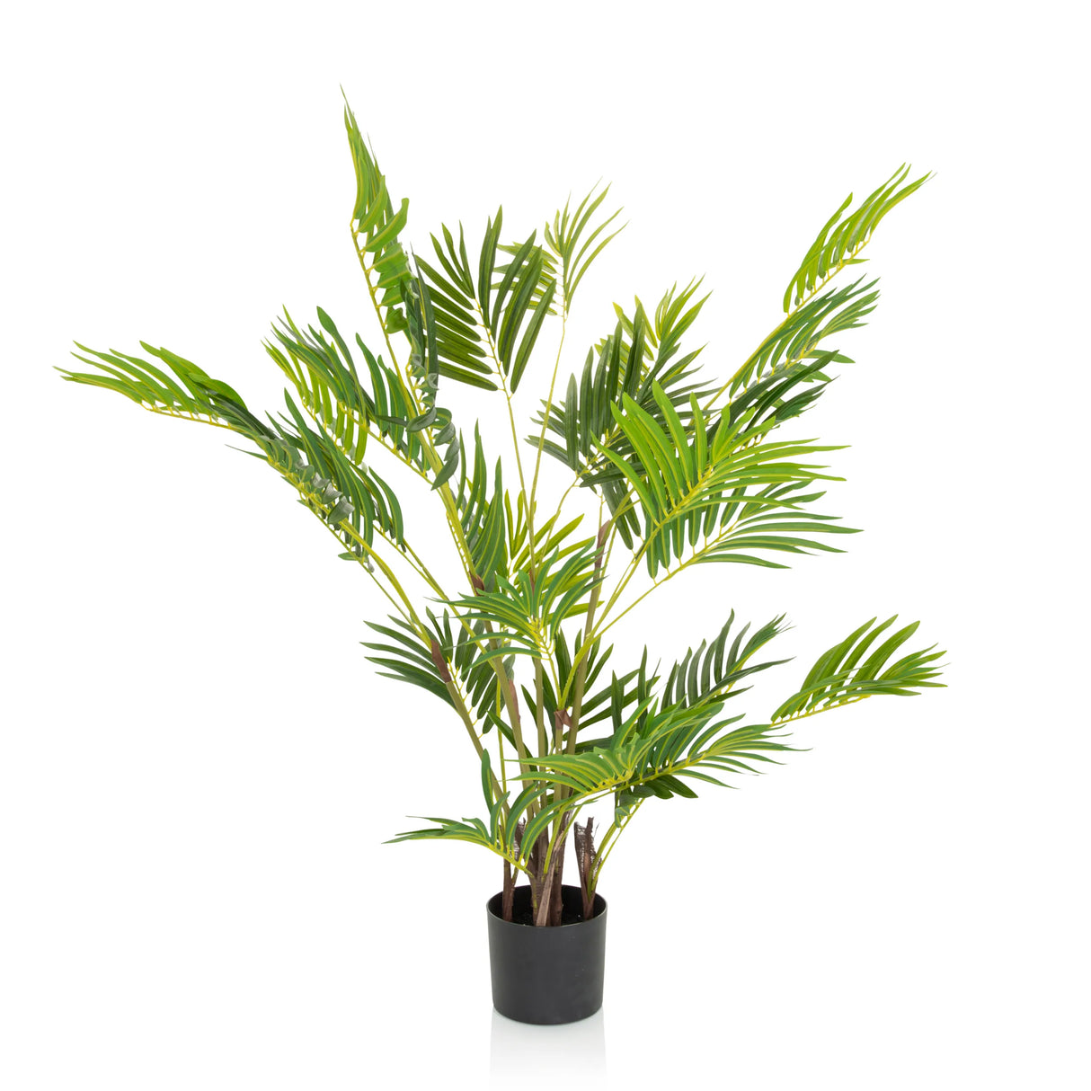 Grüne Kunstpflanze ARECA I mit palmenartigen Blättern in einem schwarzen Topf von hjh OFFICE – 360-Grad-Ansicht (Frontansicht 0°)