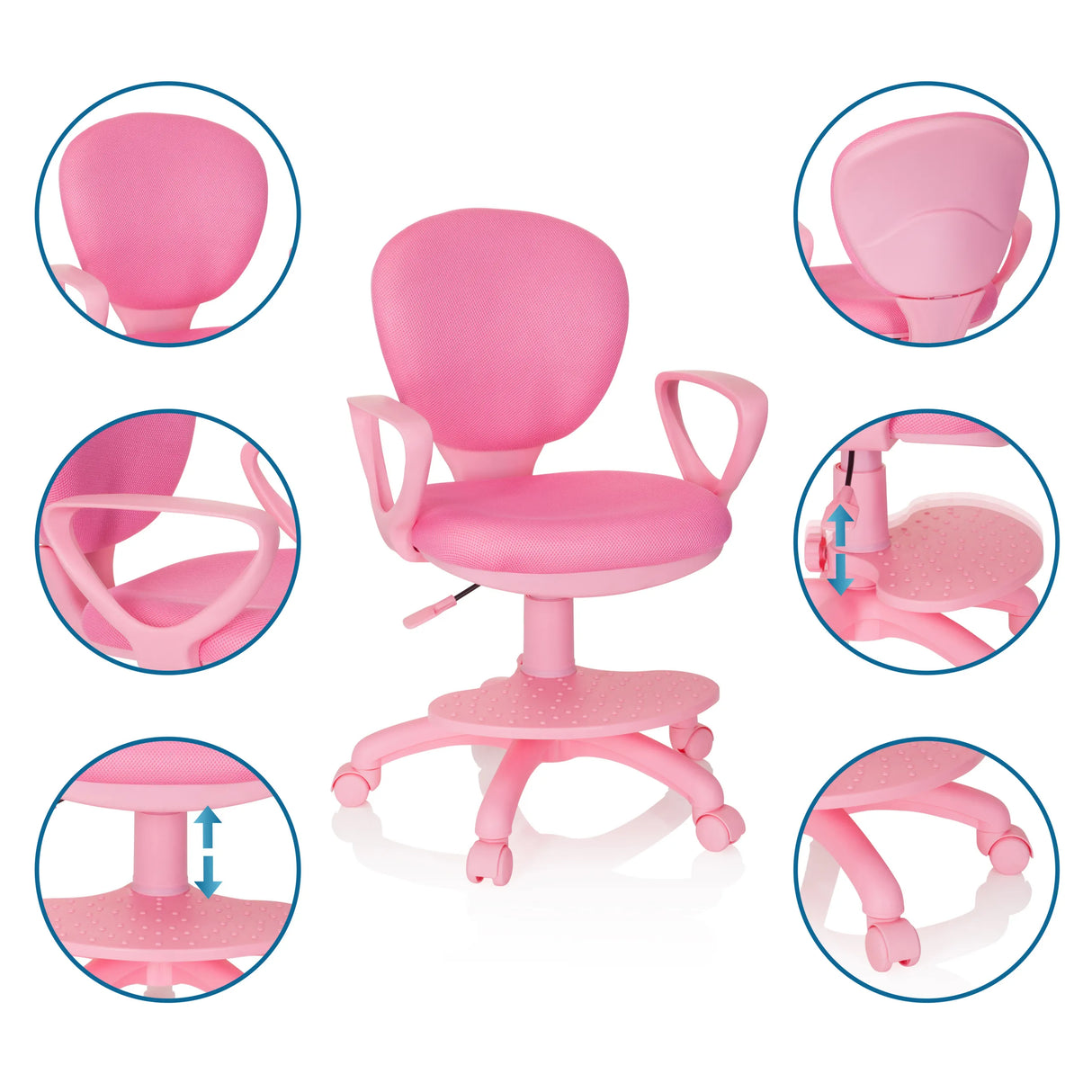 Rosa Kinderdrehstuhl KID COLOUR mit verstellbarer Sitzhöhe und Rollen von hjh OFFICE
