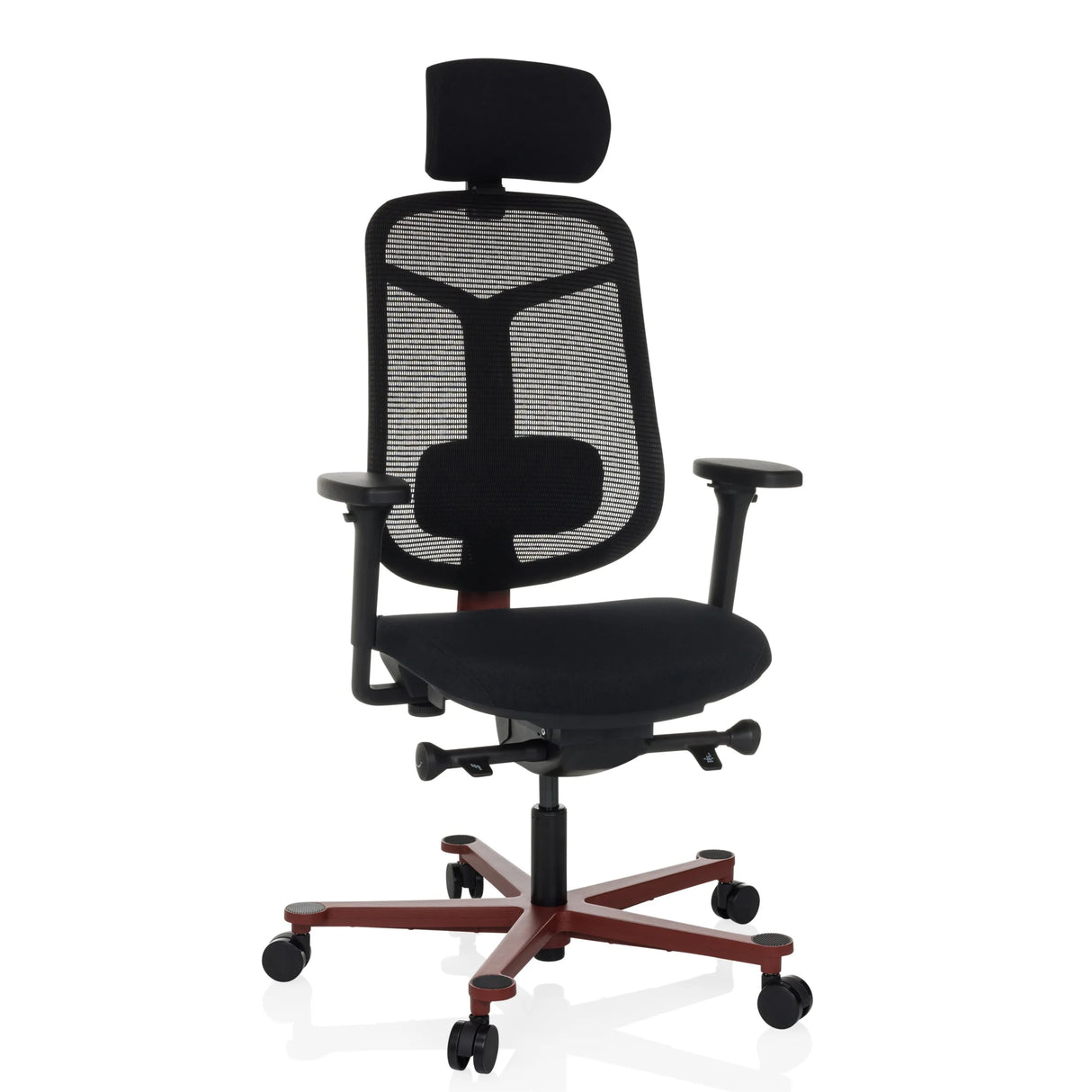 Schwarzer High-End-Bürostuhl BICOLORE HIGH mit Netzrücken, Kopfstütze und rotem Fußkreuz mit fünf Rollen von hjh OFFICE – 360-Grad-Ansicht (Frontansicht 15°)