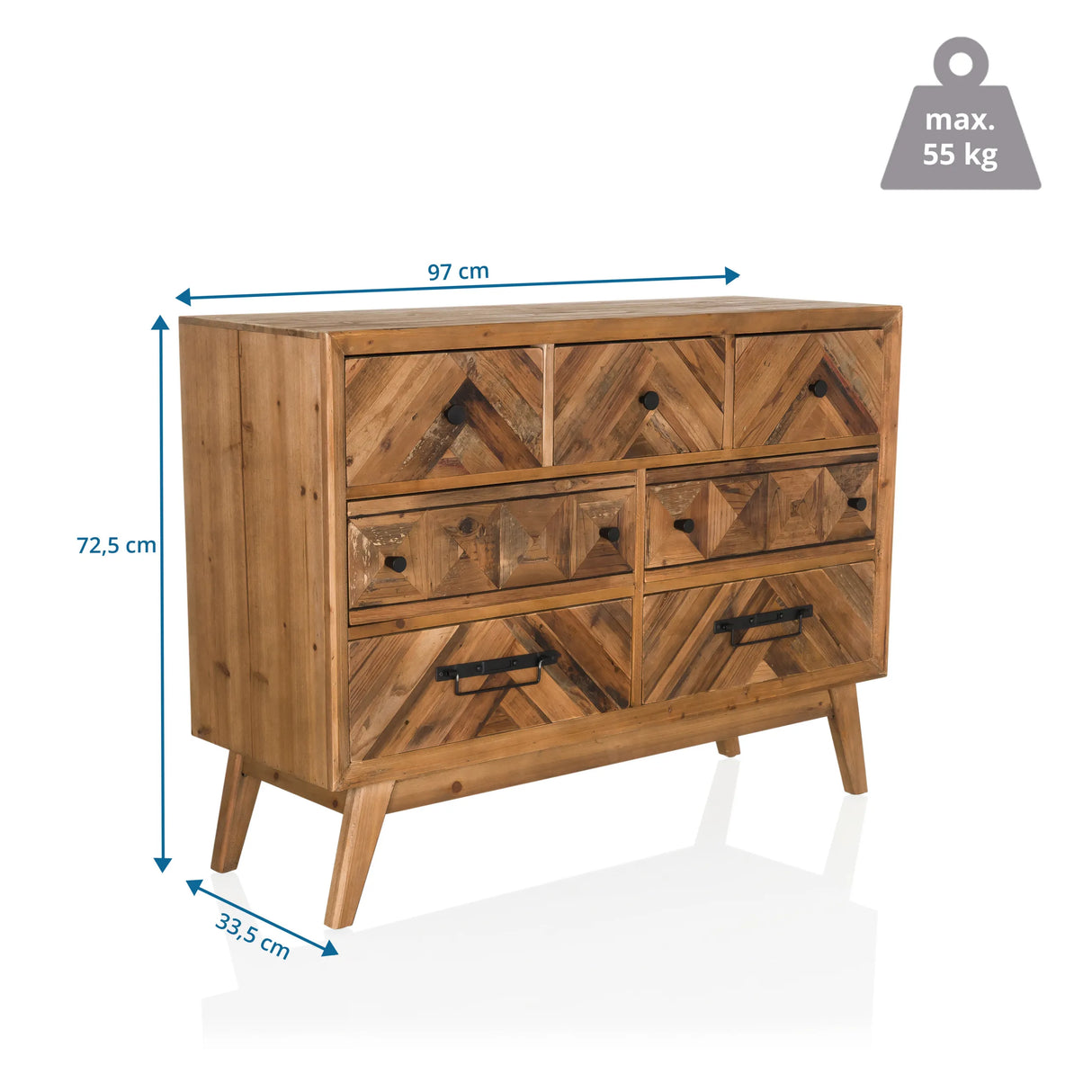 Maßansicht des Sideboards SANTJAGO WOOD XL mit 97 × 72,5 cm und einer maximalen Belastung von 55 kg von hjh LIVING