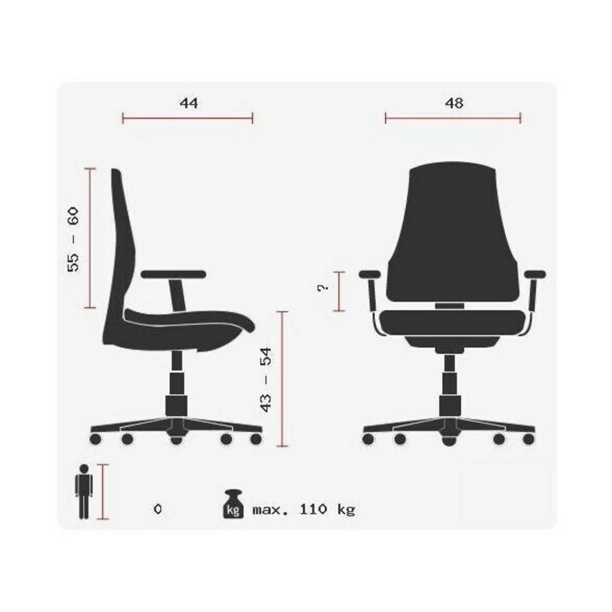 Technische Zeichnung des Profi-Bürostuhls SITNESS 15 U2 mit einer maximalen Belastbarkeit von 110 kg von Topstar