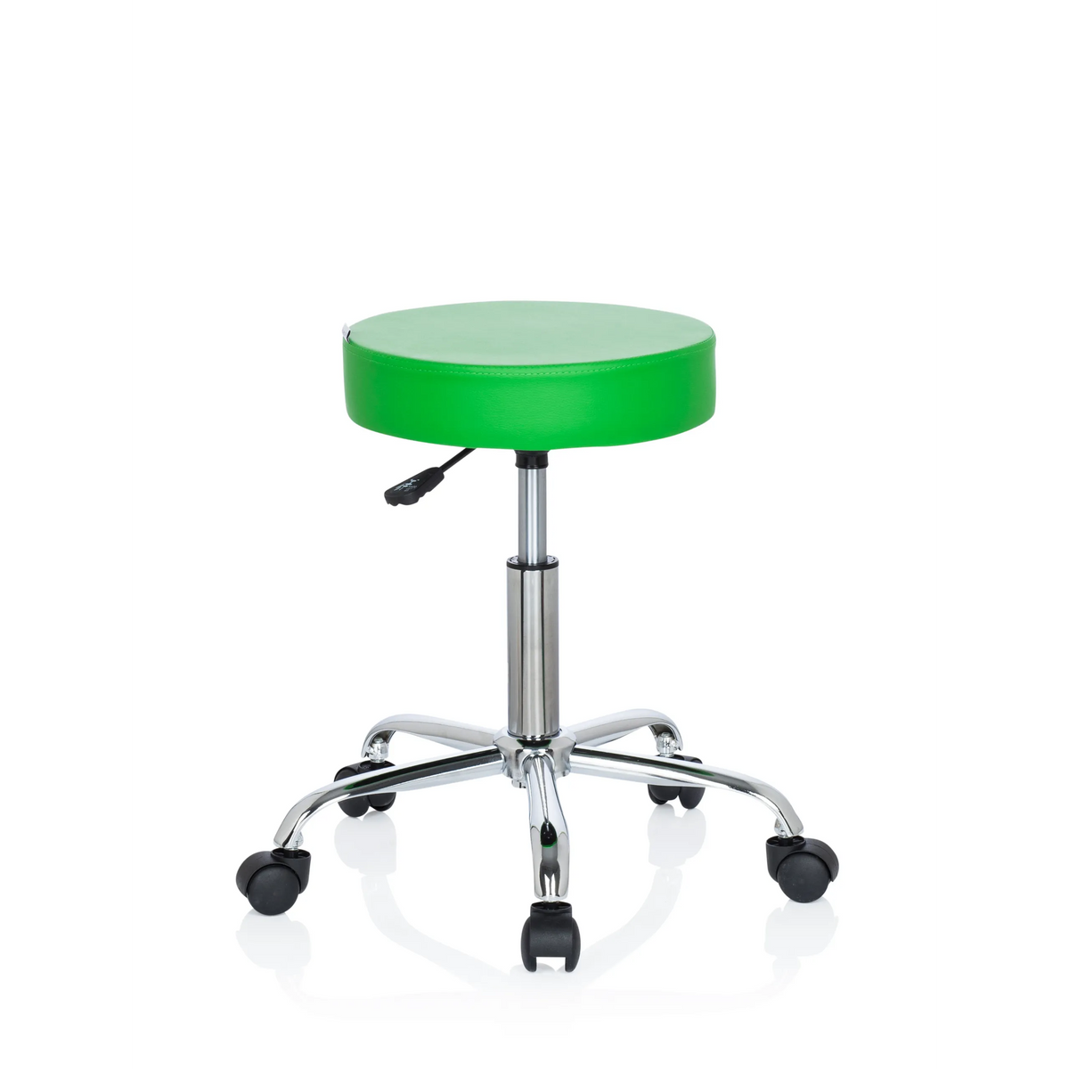 Grüner Drehhocker OPERATOR II mit einer runden Sitzfläche und einem Fußkreuz mit fünf Rollen von hjh OFFICE – 360-Grad-Ansicht (schräge Frontansicht 40°)