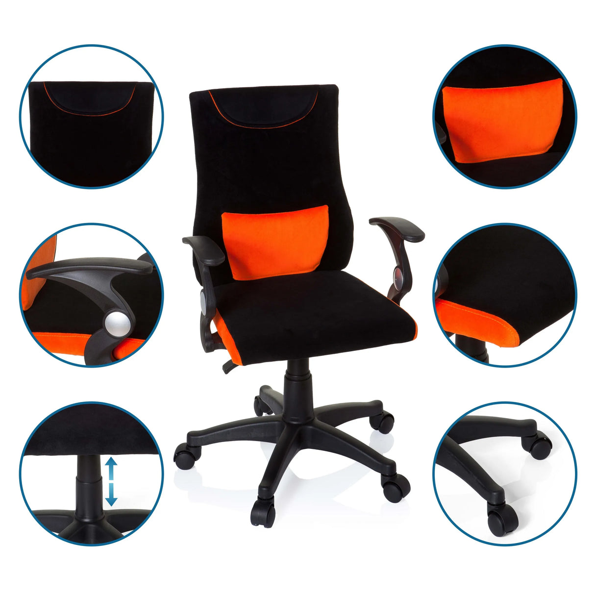 Kinderdrehstuhl KIDDY PRO AL in Schwarz-Orange mit Detailansichten von Armlehnen und Fußkreuz von hjh OFFICE