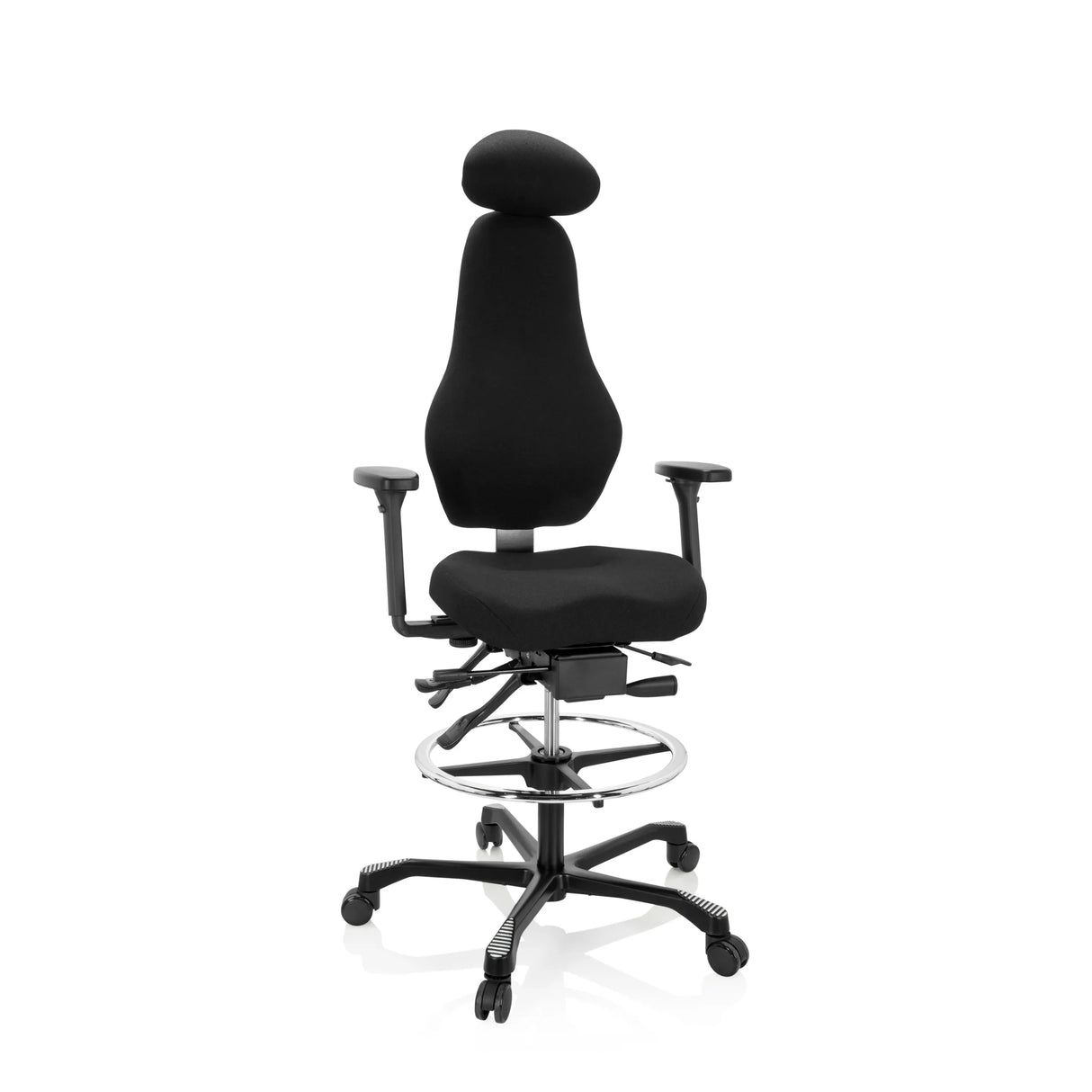 Schwarzer Counterstuhl RESISTIO WORK mit Kopfstütze, Fußring und Fußkreuz mit fünf Rollen von hjh OFFICE – 360-Grad-Ansicht (Frontansicht 20°)