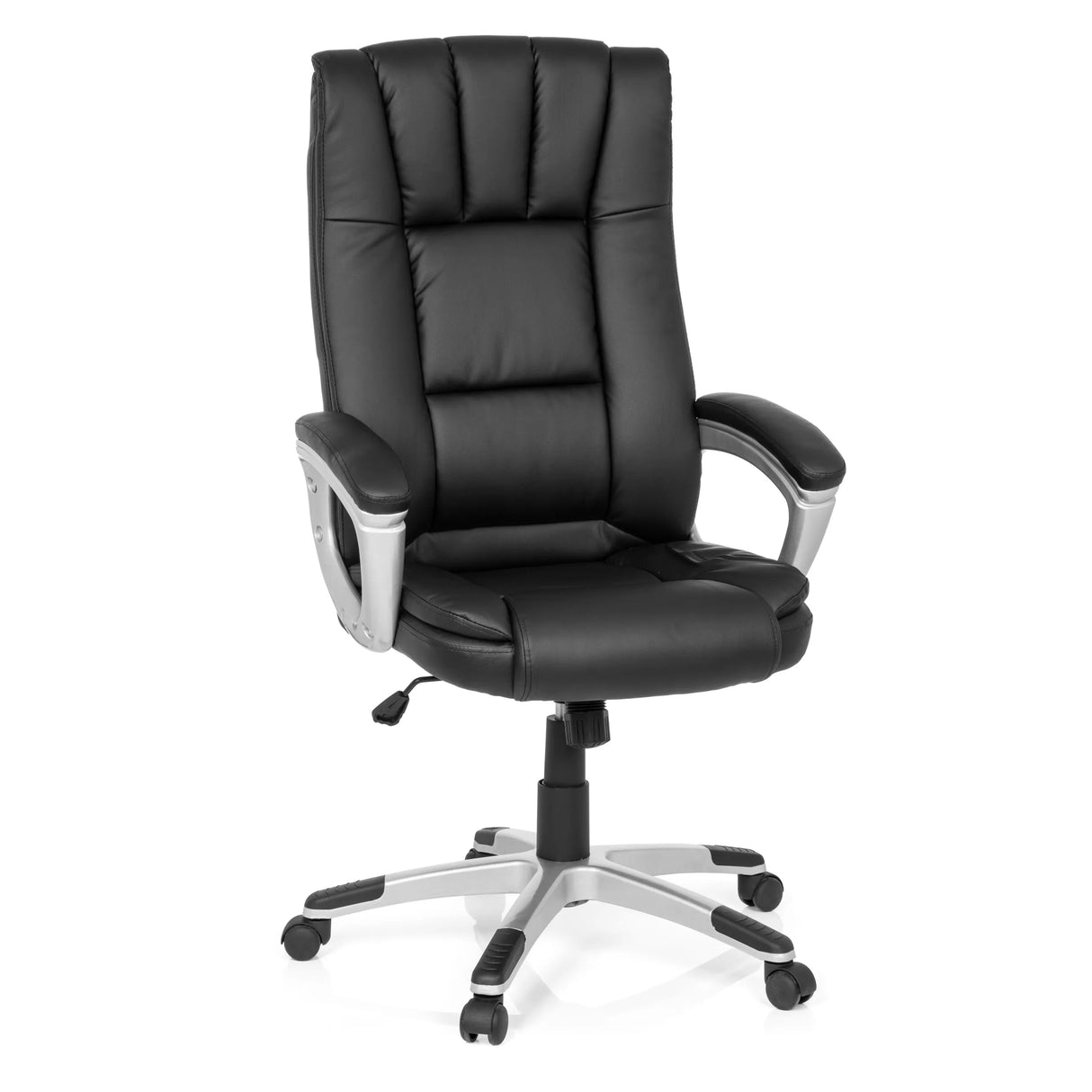 Schwarzer Homeoffice-Bürostuhl RELAX CL150 mit gestepptem Bezug und Fußkreuz mit fünf Rollen von MyBuero – 360-Grad-Ansicht (Frontansicht 20°)