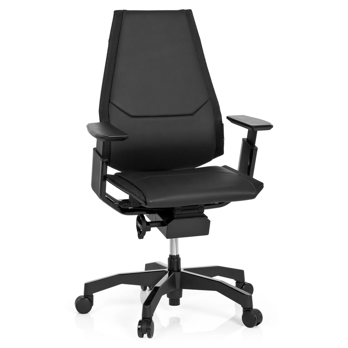 Schwarzer High-End-Bürostuhl GENIDIA BLACK aus Leder mit Armlehnen und Fußkreuz mit fünf Rollen von hjh OFFICE – 360-Grad-Ansicht (Frontansicht 20°)