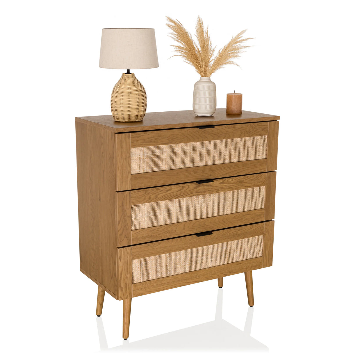 Kommode BOHEO K aus Eiche mit drei geflochtenen Fronten und konischen Beinen von hjh LIVING