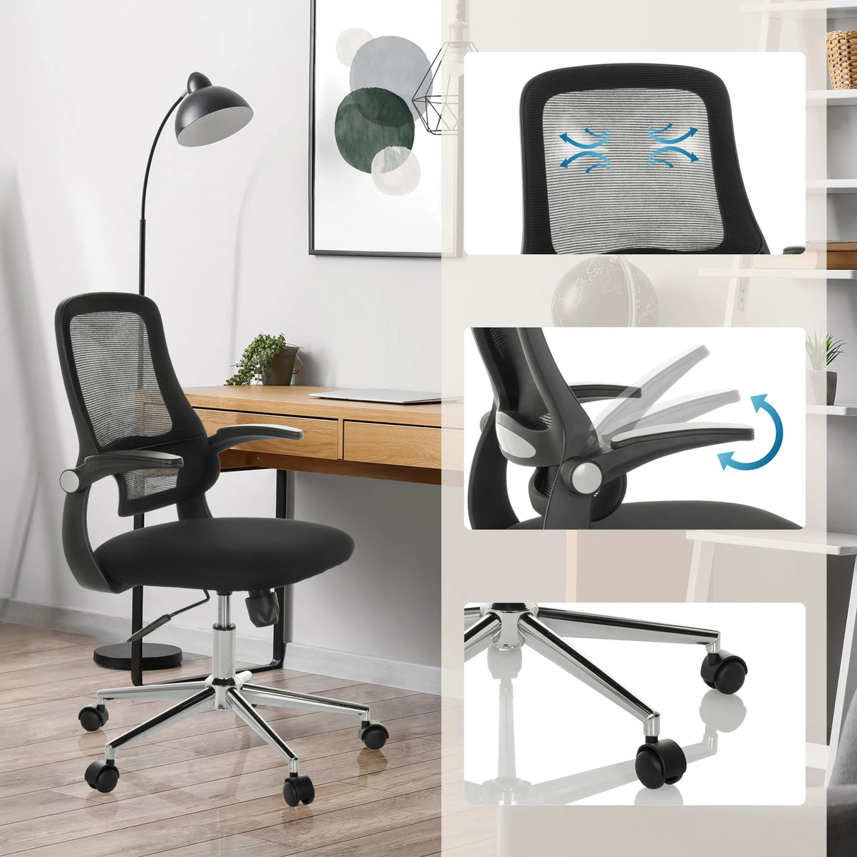 Schwarzer Home-Office-Bürostuhl MIKO B ECO mit Netzrücken, verstellbaren Armlehnen und Rollen von hjh OFFICE
