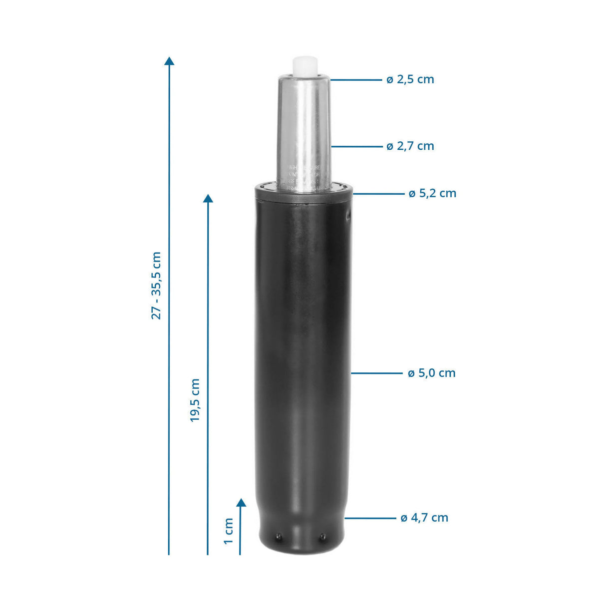 Maßzeichnung der Gasfeder GF-M mit einer Gesamthöhe von 27 bis 35,5 cm von hjh OFFICE