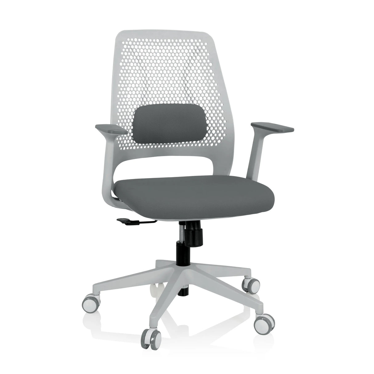 Grauer Homeoffice-Bürostuhl PARFERIO W mit Netzrücken und Fußkreuz mit fünf Rollen von hjh OFFICE – 360-Grad-Ansicht (Frontansicht 20°)