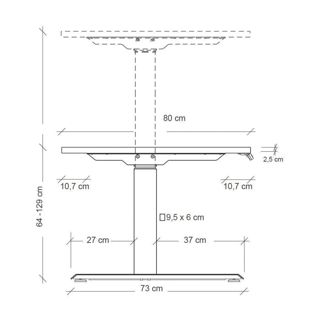 Maßzeichnung des höhenverstellbaren Schreibtischs XDKB 16 G mit einer Höhe von 64 bis 129 cm von hjh OFFICE PRO