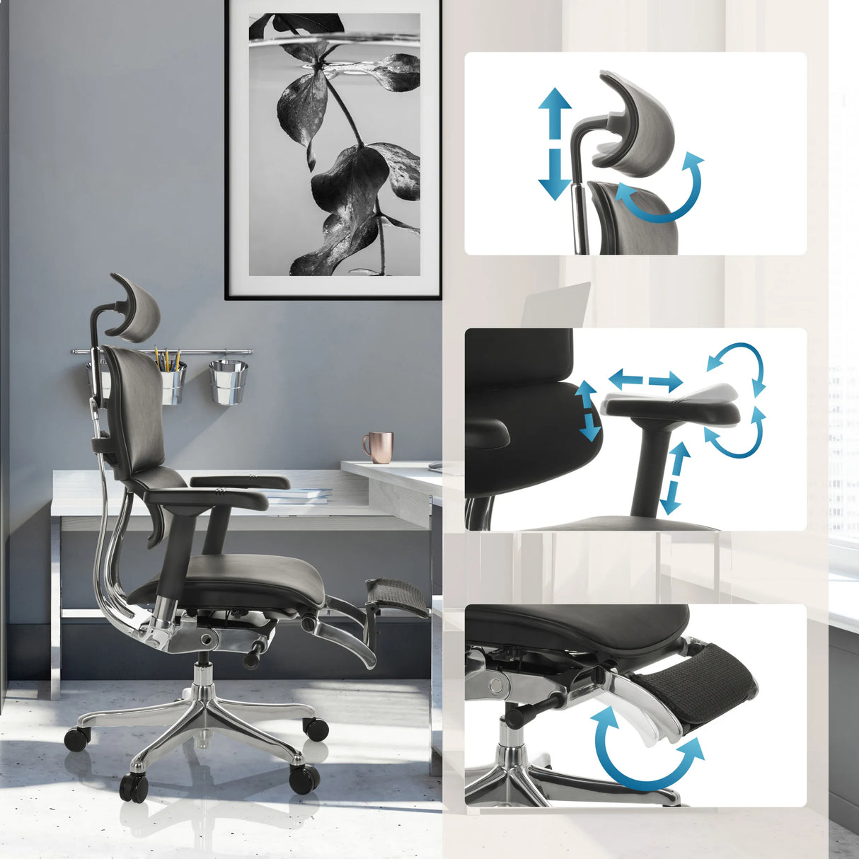 Verstellbare Kopfstütze, Armlehnen und Fußstütze des Luxus-Chefsessel ERGOHUMAN PLUS LEGPRO GEN2 von hjh OFFICE