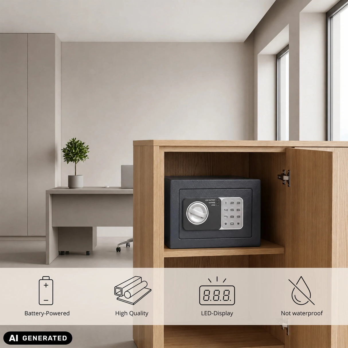 Anthrazitfarbener Tresor Safe Compact Mini mit Tastatur und Drehgriff im Schrank von hjh OFFICE (KI-generiertes Bild)