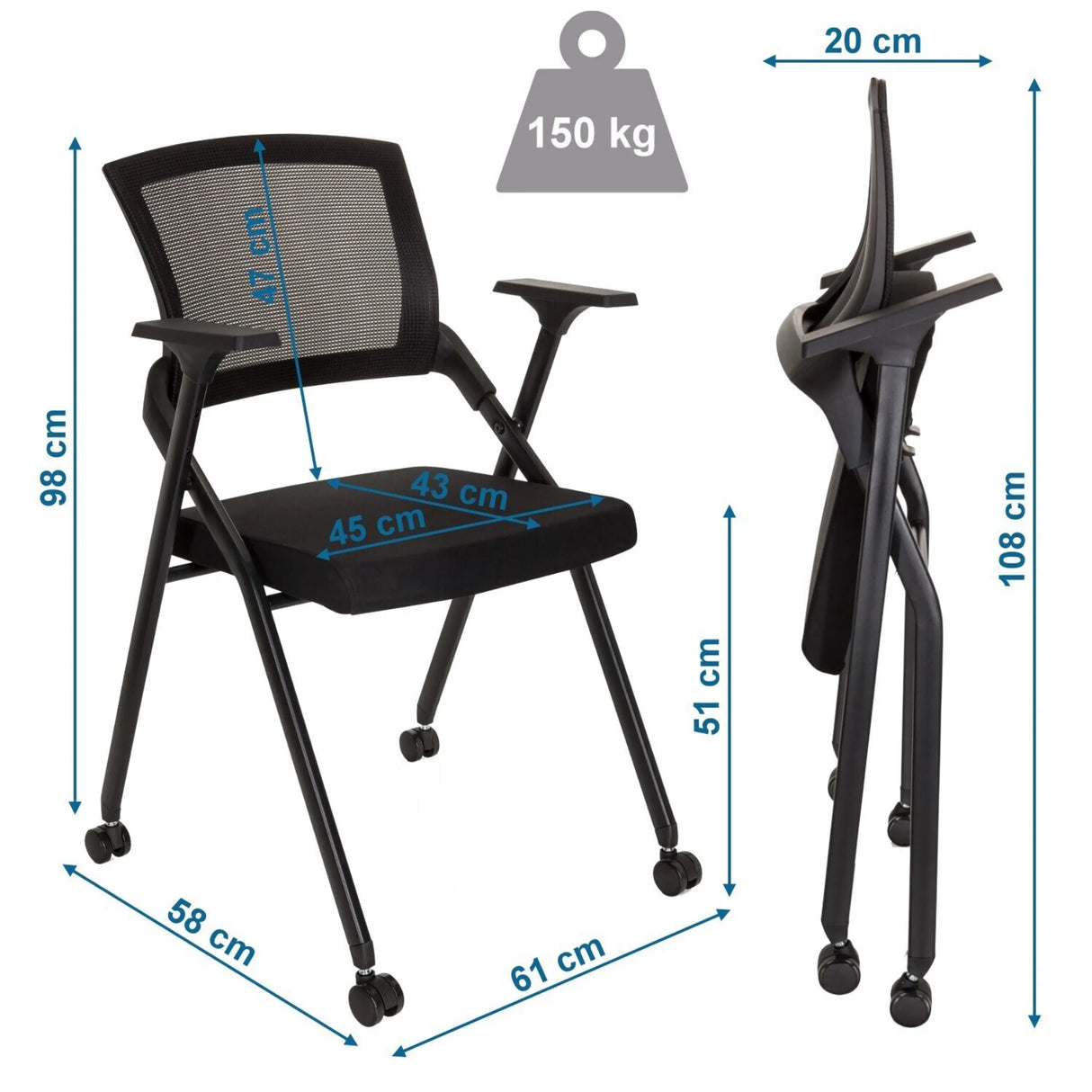 Maßzeichnung des Klappstuhls PRIORITY II mit einer Höhe von 98 cm und 150 kg Belastbarkeit von hjh OFFICE