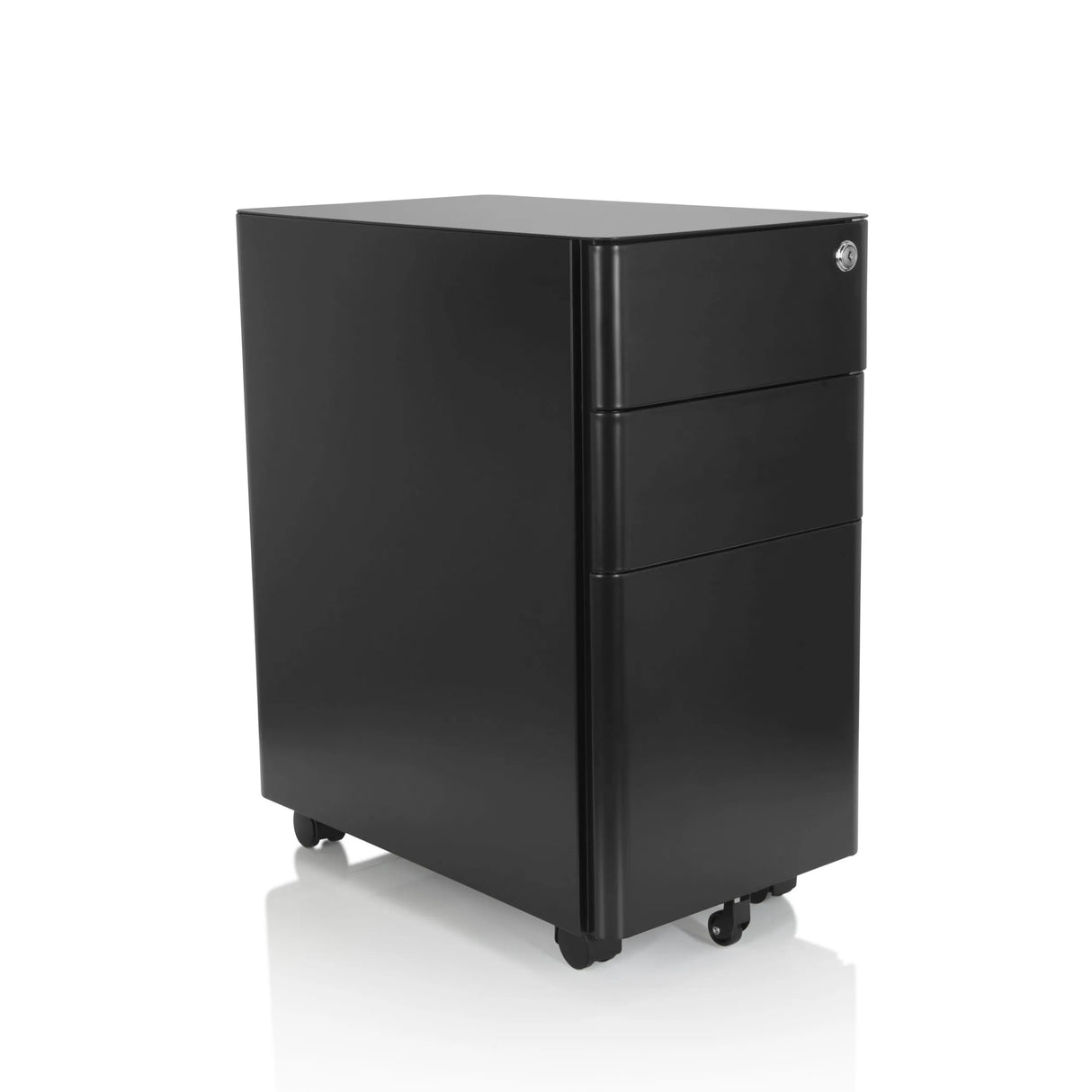 Schwarzer Rollcontainer COLOR I aus Metall mit drei Schubladen und vier Rollen von hjh OFFICE – 360-Grad-Ansicht (schräge Frontansicht 40°)