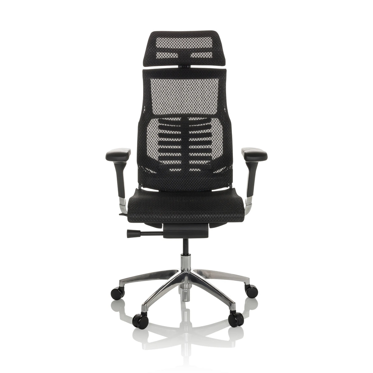 Schwarzer High-End-Bürostuhl POFIT GEN2 mit Netzrücken und Fußkreuz mit fünf Rollen von hjh OFFICE – 360-Grad-Ansicht (Frontansicht 0°)