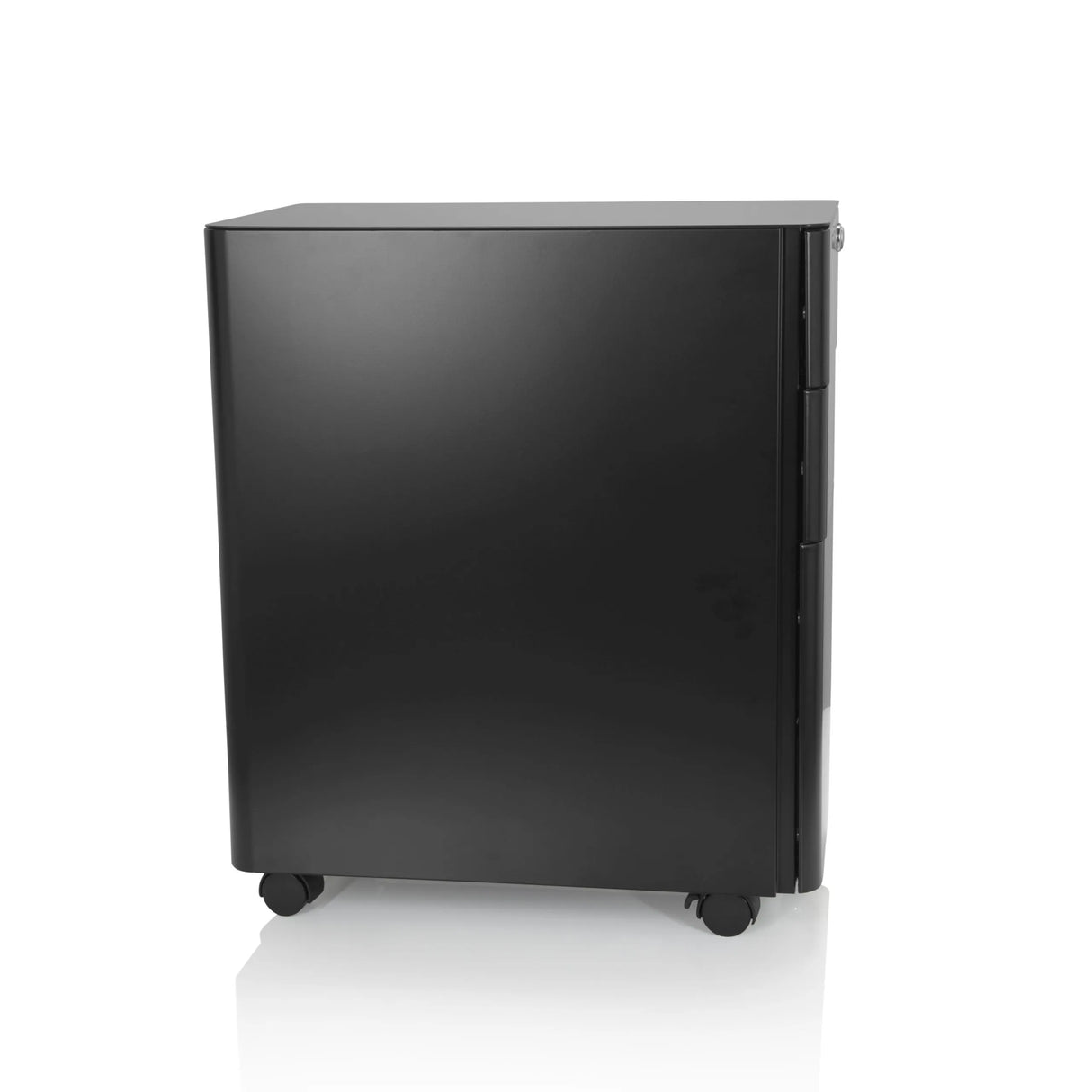 Schwarzer Rollcontainer COLOR I aus Metall mit drei Schubladen und vier Rollen von hjh OFFICE – 360-Grad-Ansicht (Seitenprofil 80°)