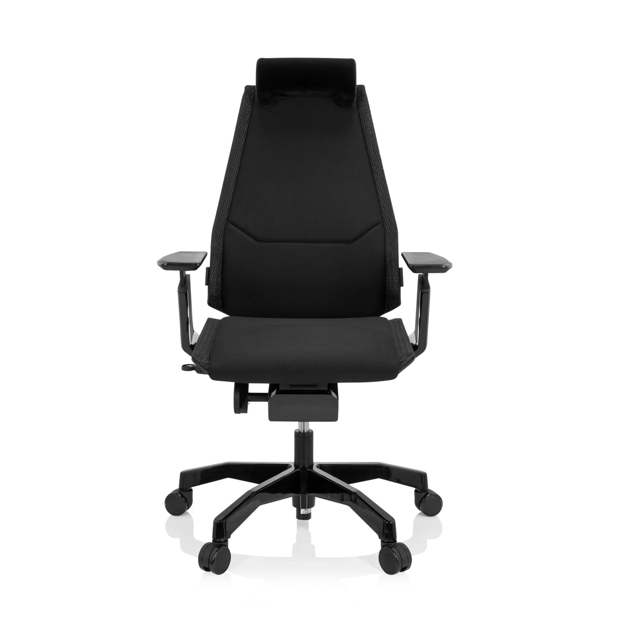 Schwarzer High-End-Bürostuhl GENIDIA BLACK mit Stoffbezug und Fußkreuz mit fünf Rollen von hjh OFFICE – 360-Grad-Ansicht (Frontansicht 0°)