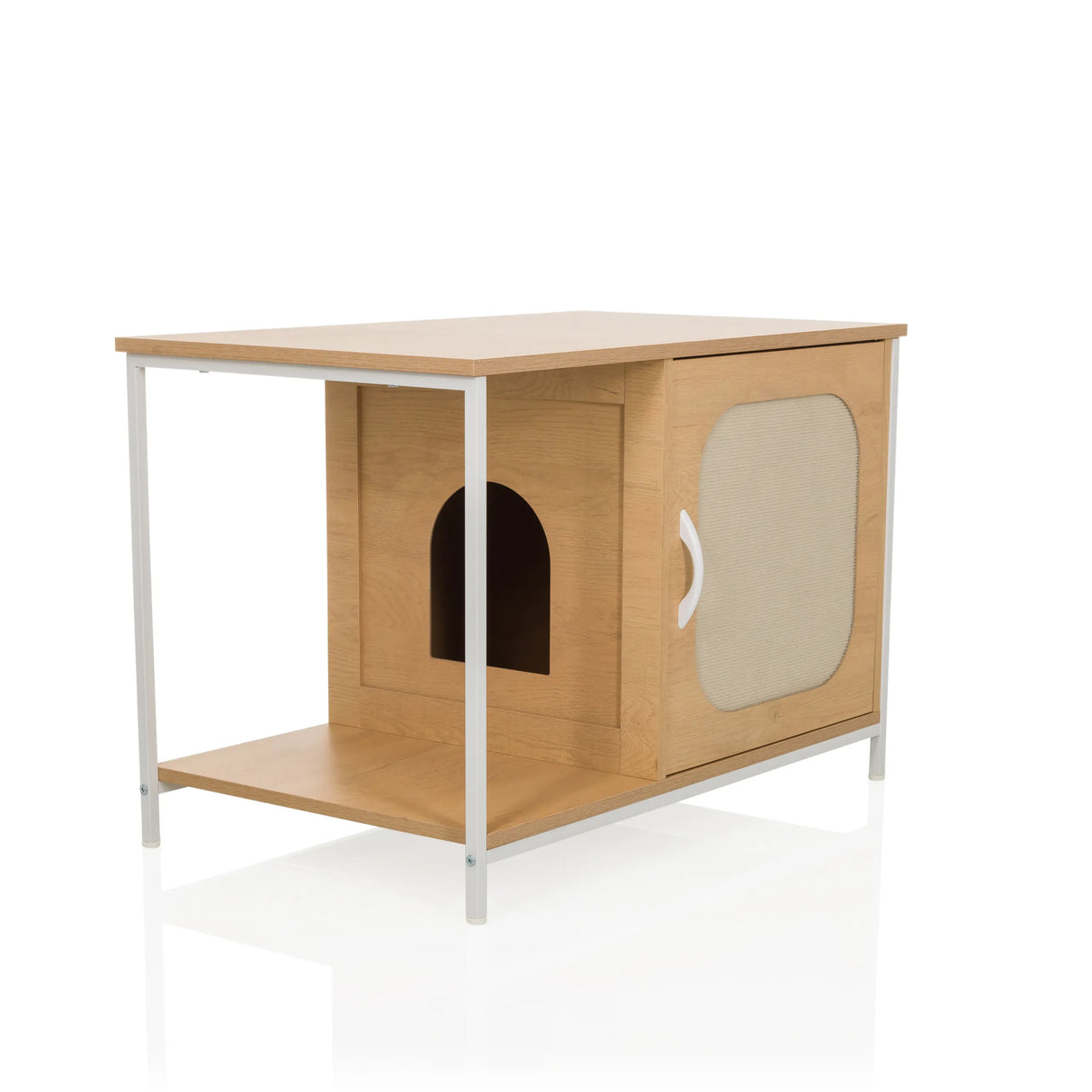 Weiß-buchenfarbenes Katzenhaus KITTYHOME 1 mit einem offenen Fach und einem Schrank mit Stofftür von hjh LIVING – 360-Grad-Ansicht (schräge Frontansicht 45°)