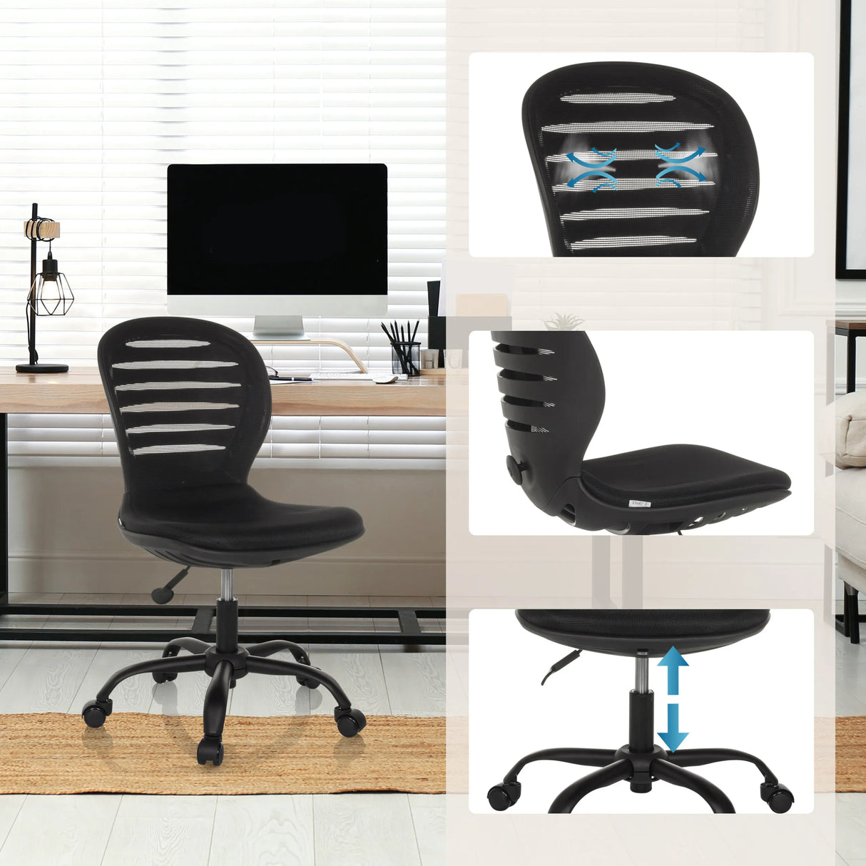 Schwarzer Homeoffice Bürostuhl CASLA mit luftdurchlässiger Rückenlehne und Gasfeder von hjh OFFICE