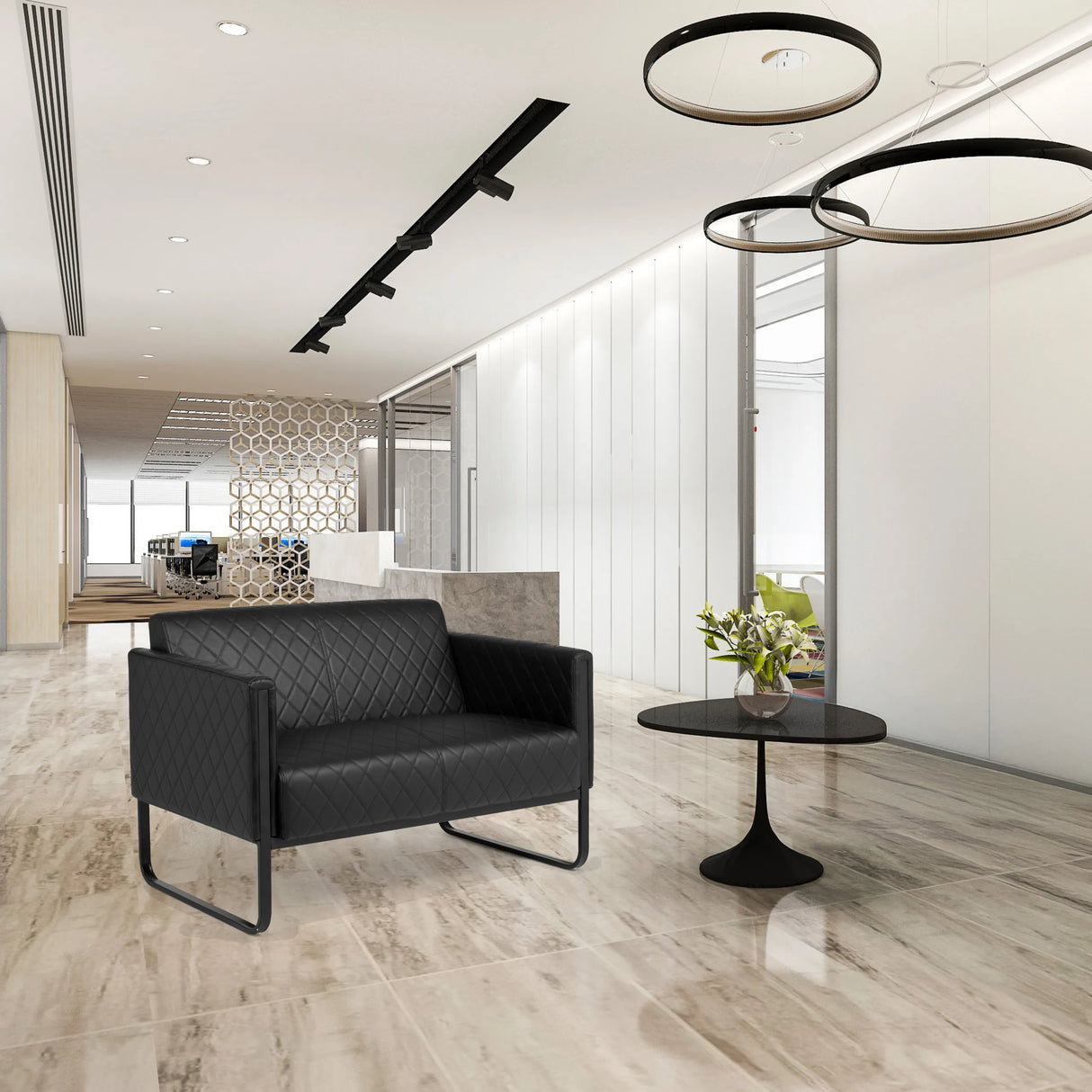 Schwarzes 2-Sitzer Loungesofa ARUBA BLACK mit Rautensteppung und Metallgestell von hjh OFFICE
