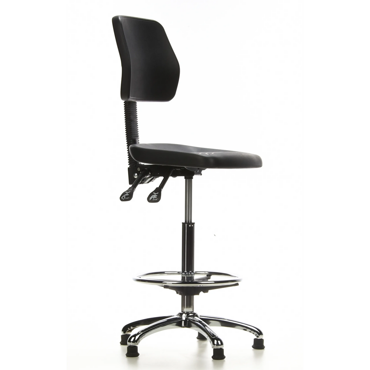 Schwarzer Counterstuhl TOP WORK 11 mit Fußring und fünfstrahligem Fußkreuz von hjh OFFICE – 360-Grad-Ansicht (schräge Frontansicht 60°)