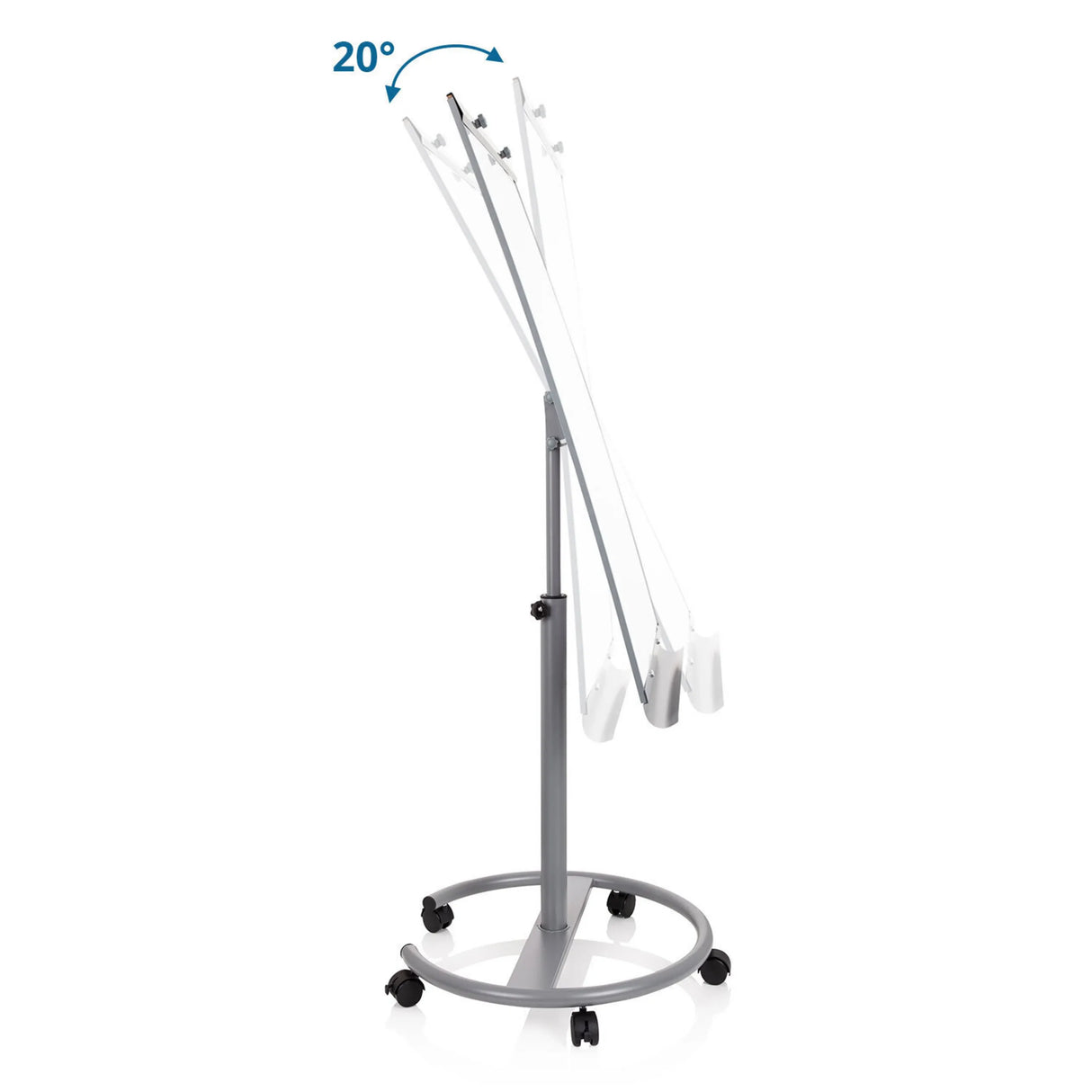 Neigungsverstellung von 20° des Whiteboards MULTIBOARD auf einem grauen Rollgestell von hjh OFFICE