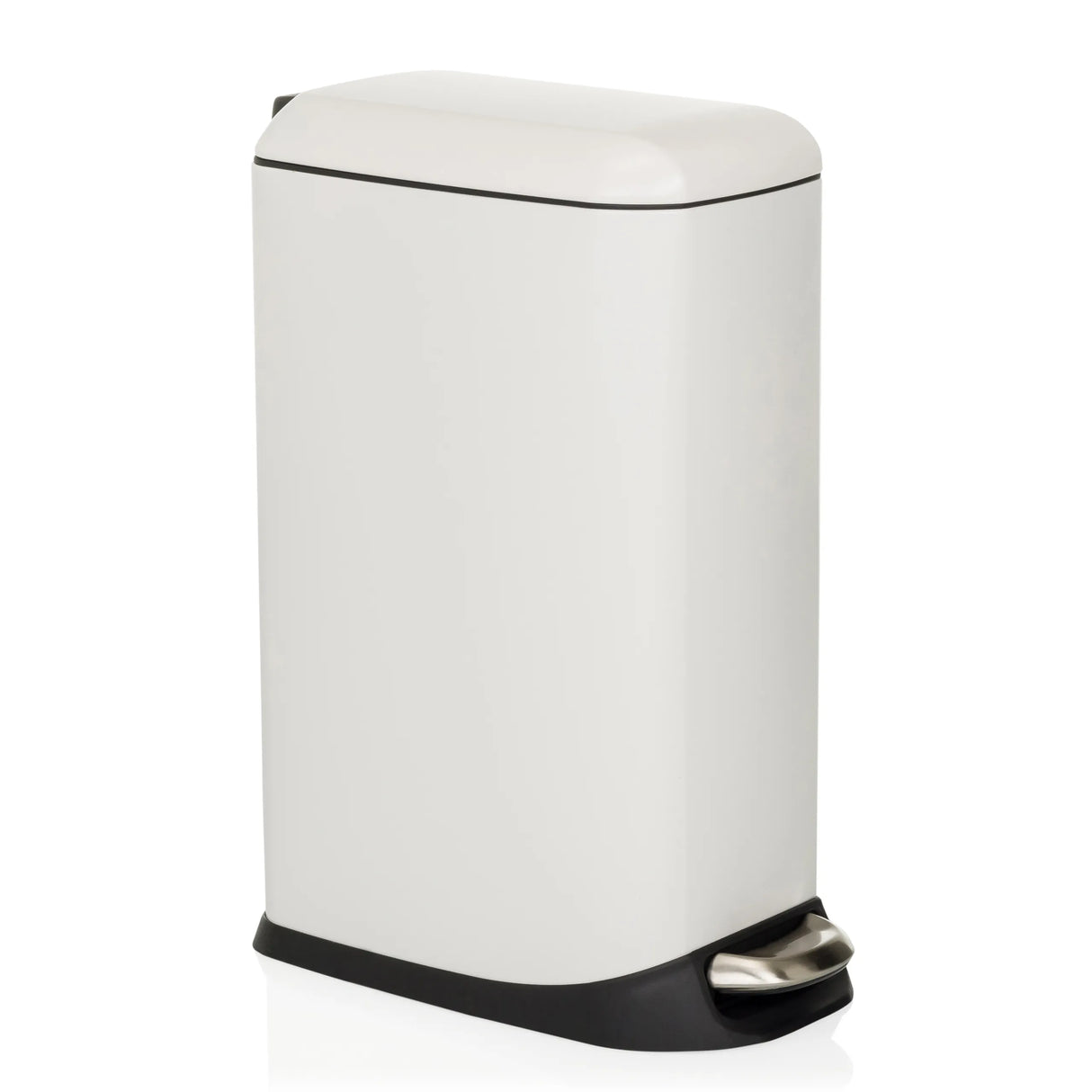 Weißer Mülleimer CLEAN SLIM mit Trittpedal und abgerundetem Deckel von hjh OFFICE – 360-Grad-Ansicht (schräge Frontansicht 45°)
