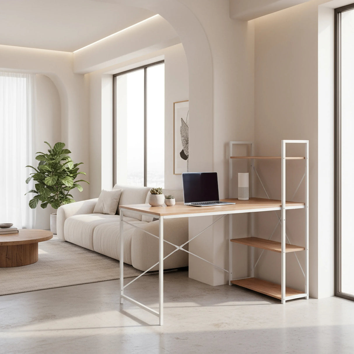 Schreibtisch Easy Up3 in Weiß und Eiche mit integriertem Regal und Laptop auf der Arbeitsplatte von hjh LIVING