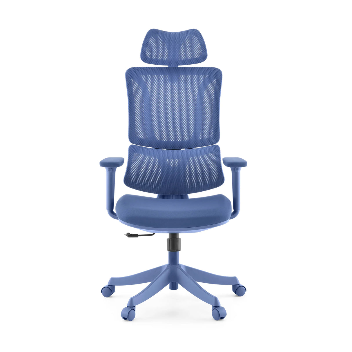 Blauer Homeoffice-Bürostuhl Ergomy Colore mit Netzrücken und Fußkreuz mit fünf Rollen von MyBuero – 360-Grad-Ansicht (Frontansicht 0°)