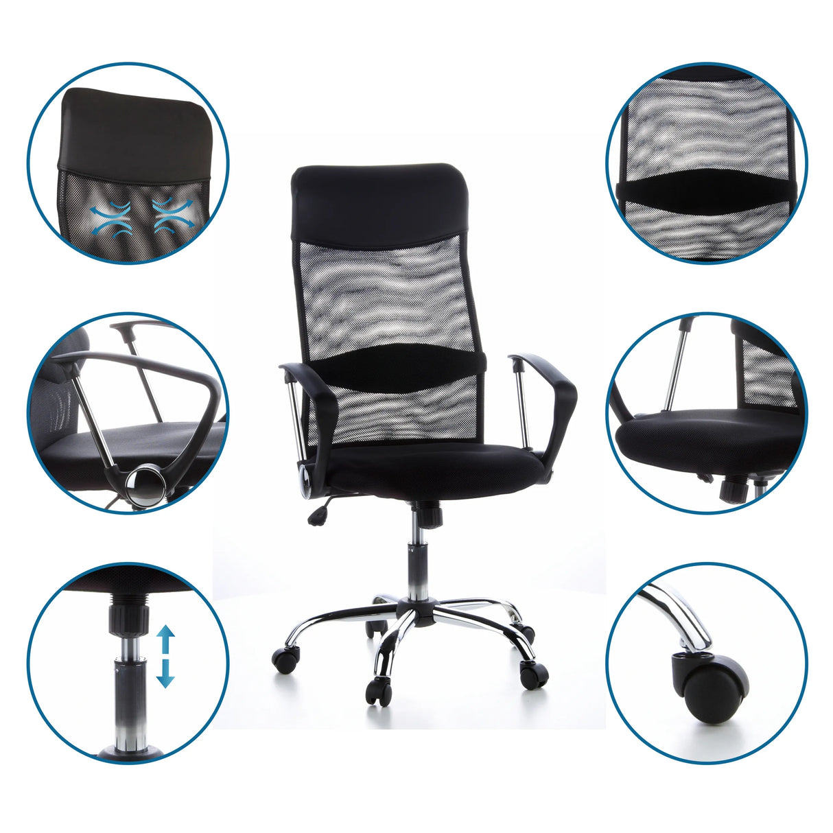 Homeoffice Chefsessel ARIA HIGH in Schwarz mit Netzrücken, Armlehnen und Gasfeder von hjh OFFICE