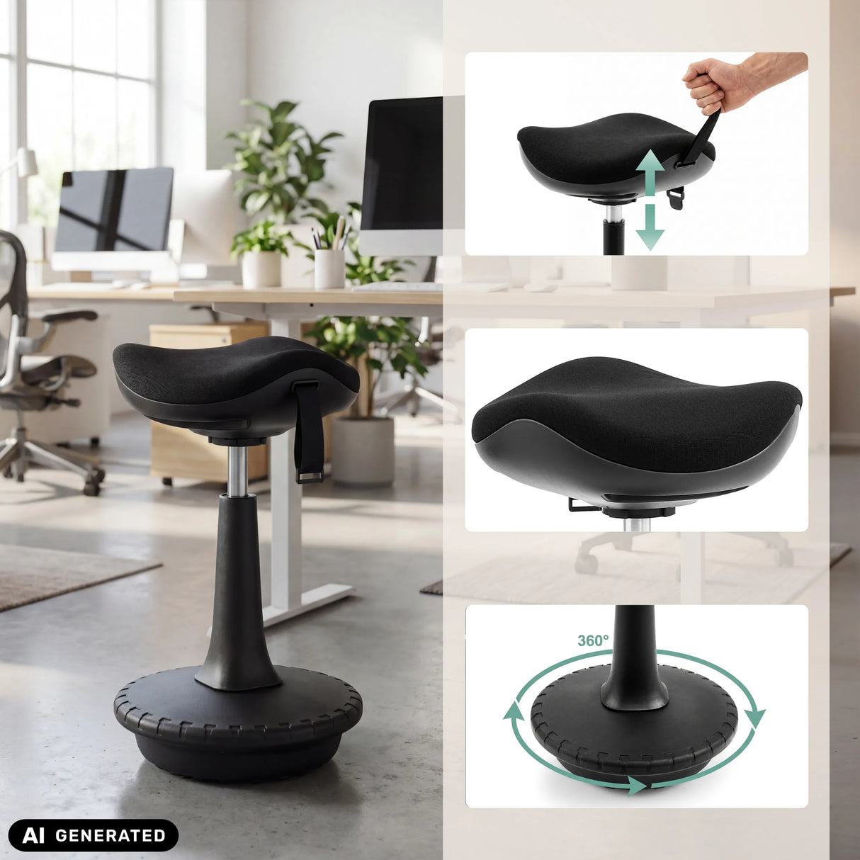 Höhenverstellbare Sitzfläche und 360-Grad-Drehfuß der Stehhilfe Balance Sit Ergo von hjh OFFICE (KI-generiertes Bild)