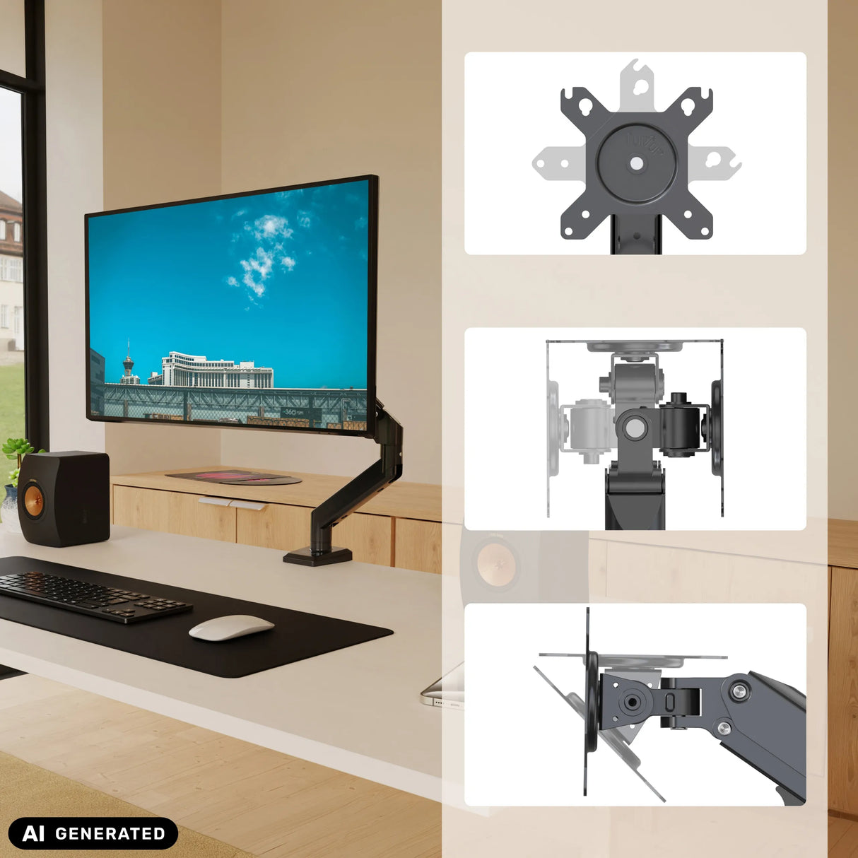 Monitorhalterung Ergomount GF1 mit VESA-Adapterplatte und Gelenkmechanismen von hjh OFFICE (KI-generiertes Bild)