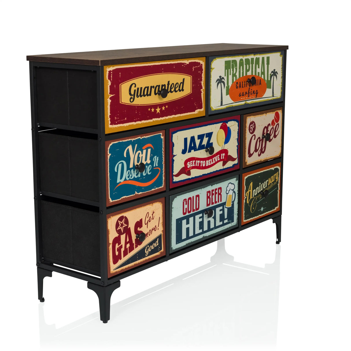 Kommode AMERIKO B mit sechs bunt bedruckten Vintage-Schubladen und schwarzen Beinen von hjh LIVING – 360-Grad-Ansicht (schräge Frontansicht 45°)