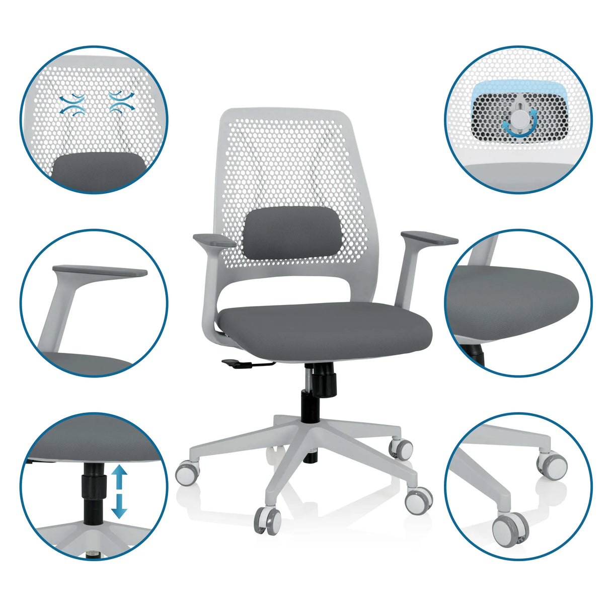 Grauer Homeoffice-Bürostuhl PARFERIO W mit Netzrücken, Armlehnen und Rollen von hjh OFFICE