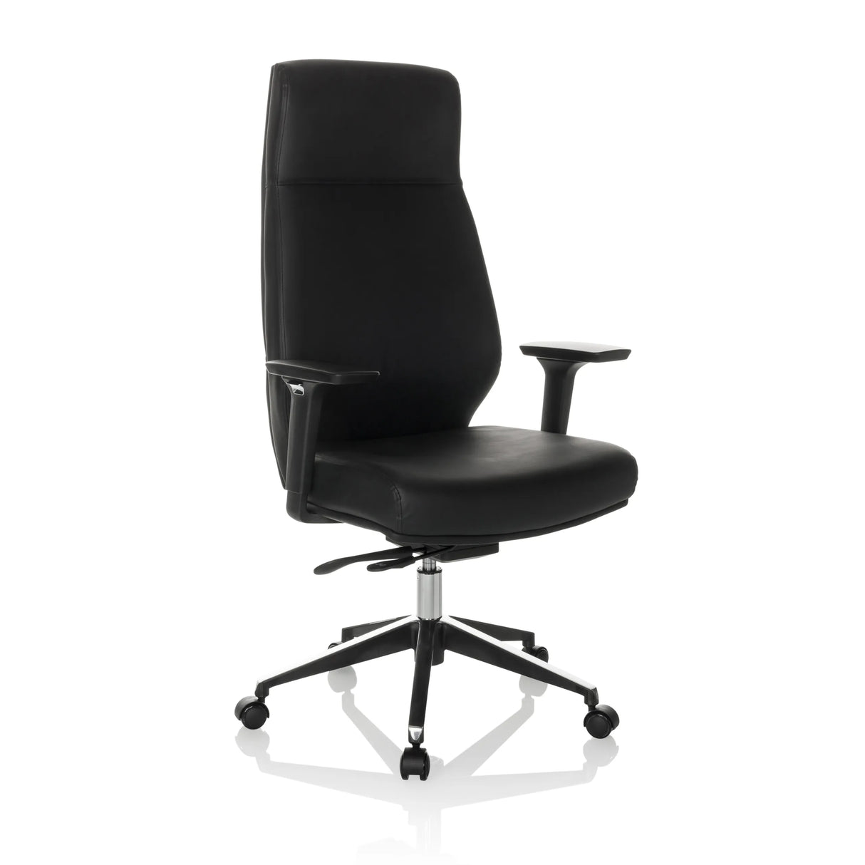 Schwarzer Profi-Chefsessel VITORO ECO mit Armlehnen und Fußkreuz mit fünf Rollen von hjh OFFICE – 360-Grad-Ansicht (schräge Frontansicht 30°)