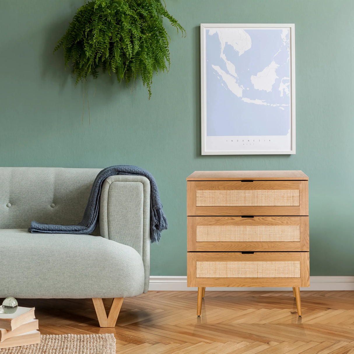 Kommode BOHEO K aus Eiche mit drei Schubladen und Wiener Geflecht-Fronten von hjh LIVING