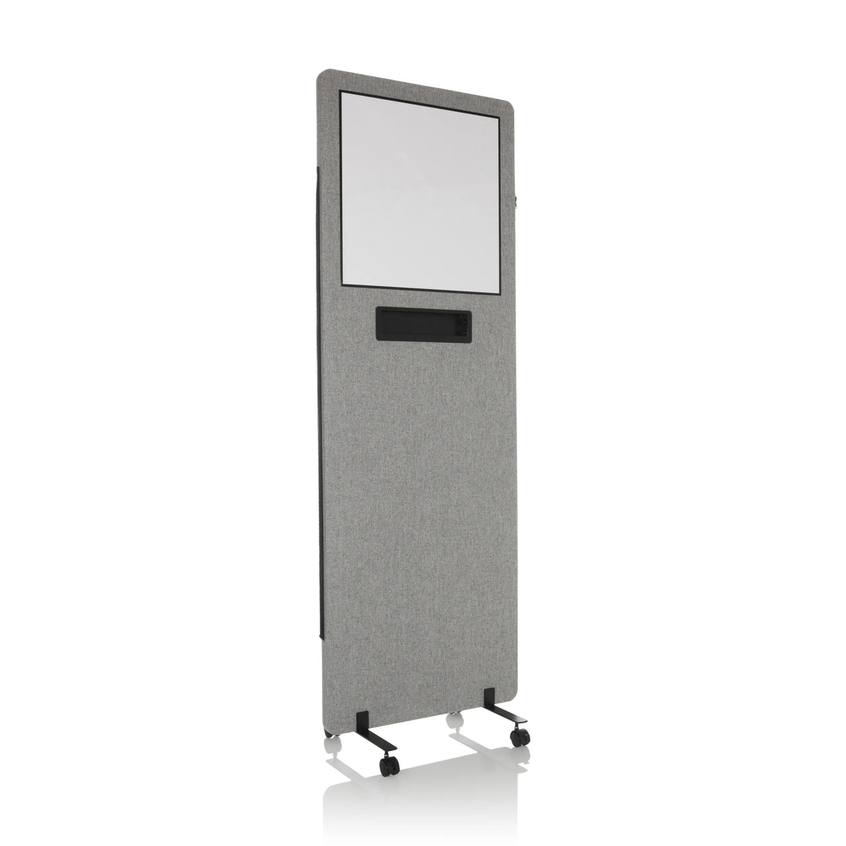 Hellgraue Trennwand FLEXMIUT WB mit integriertem Whiteboard und Rollen von hjh OFFICE – 360-Grad-Ansicht (schräge Frontansicht 30°)