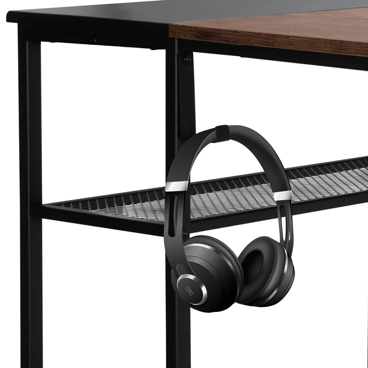 Kopfhörer an der Ablage des Schreibtisches WORKSPACE H I in Schwarz-Braun von hjh OFFICE