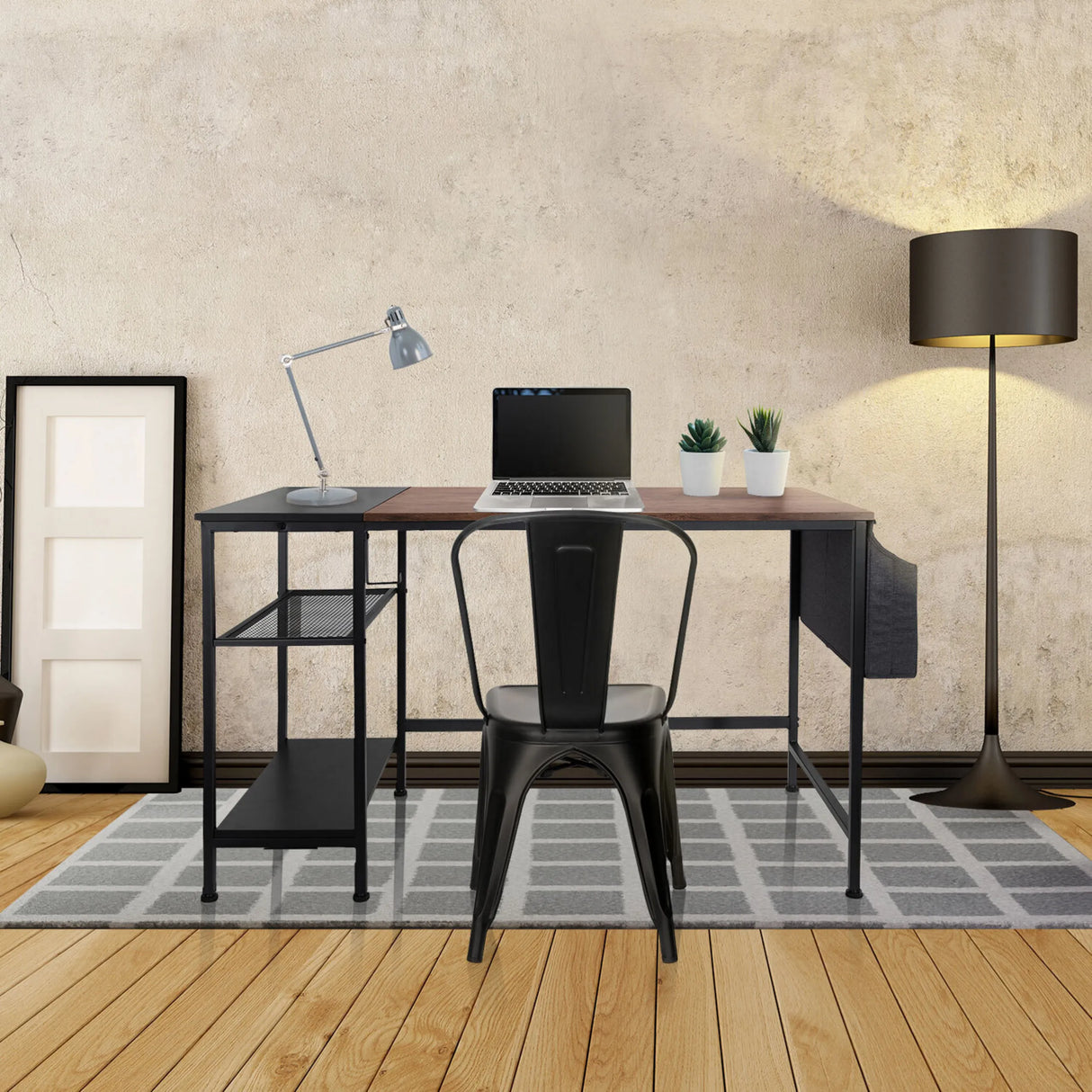 Schreibtisch WORKSPACE H I in Schwarz und Braun mit integriertem Regal und Ablage von hjh OFFICE