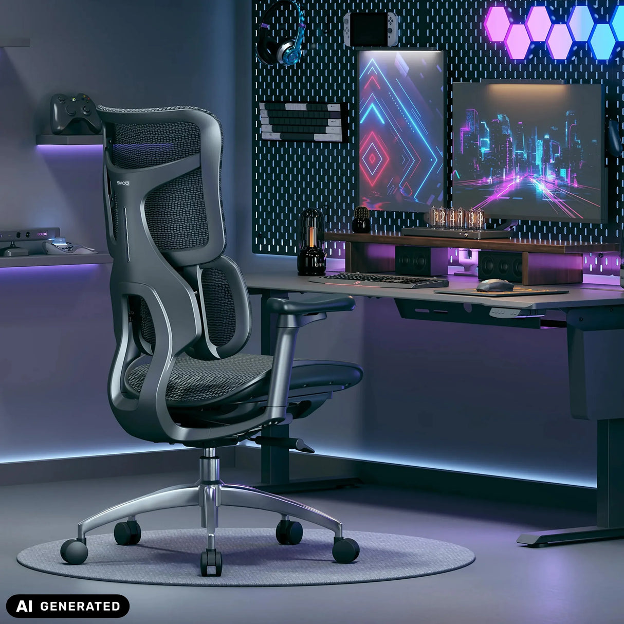 Schwarzer Profi-Bürostuhl S100-M301 mit Netzrückenlehne und Armlehnen in einem Gaming-Zimmer von Sihoo (KI-generiertes Bild)